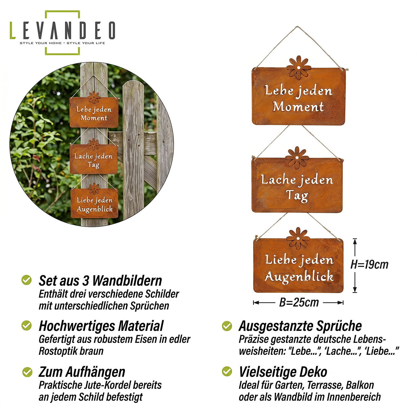 3er Set Wandbilder Sprüche 25x19cm Schilder Garten-Deko Türschild Edelrost Braun