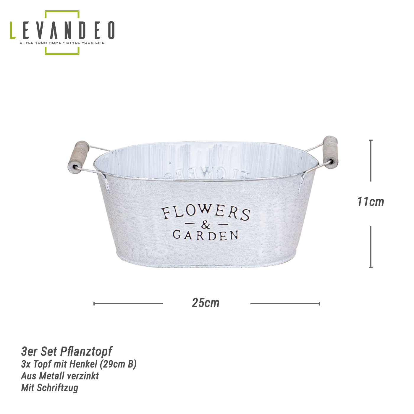 3er Set Pflanzkübel L25cm Metall Pflanztopf Vintage Shabby Chic Balkon Garten