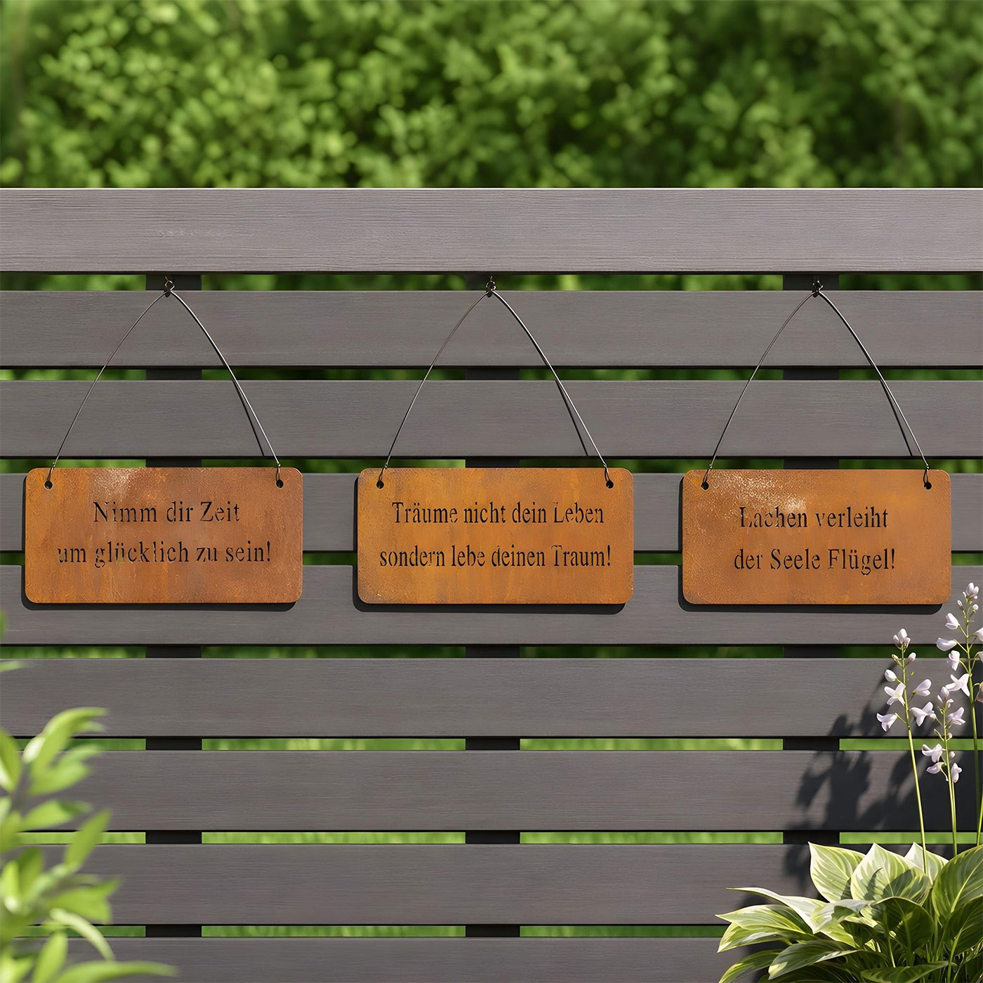 3er Set Wandbilder Sprüche 18x8cm Schilder Garten-Deko Türschild Edelrost Braun