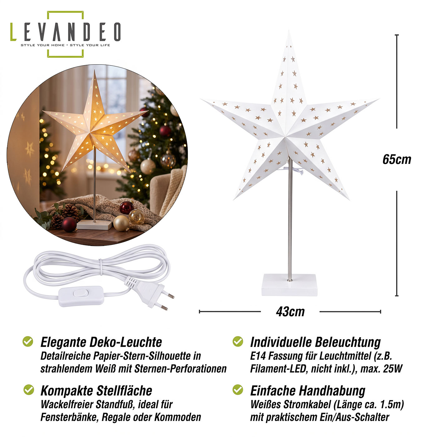 LED Leuchtstern Weiß H65cm mit Standfuß Weihnachtsstern Tischdeko Weihnachtsdeko