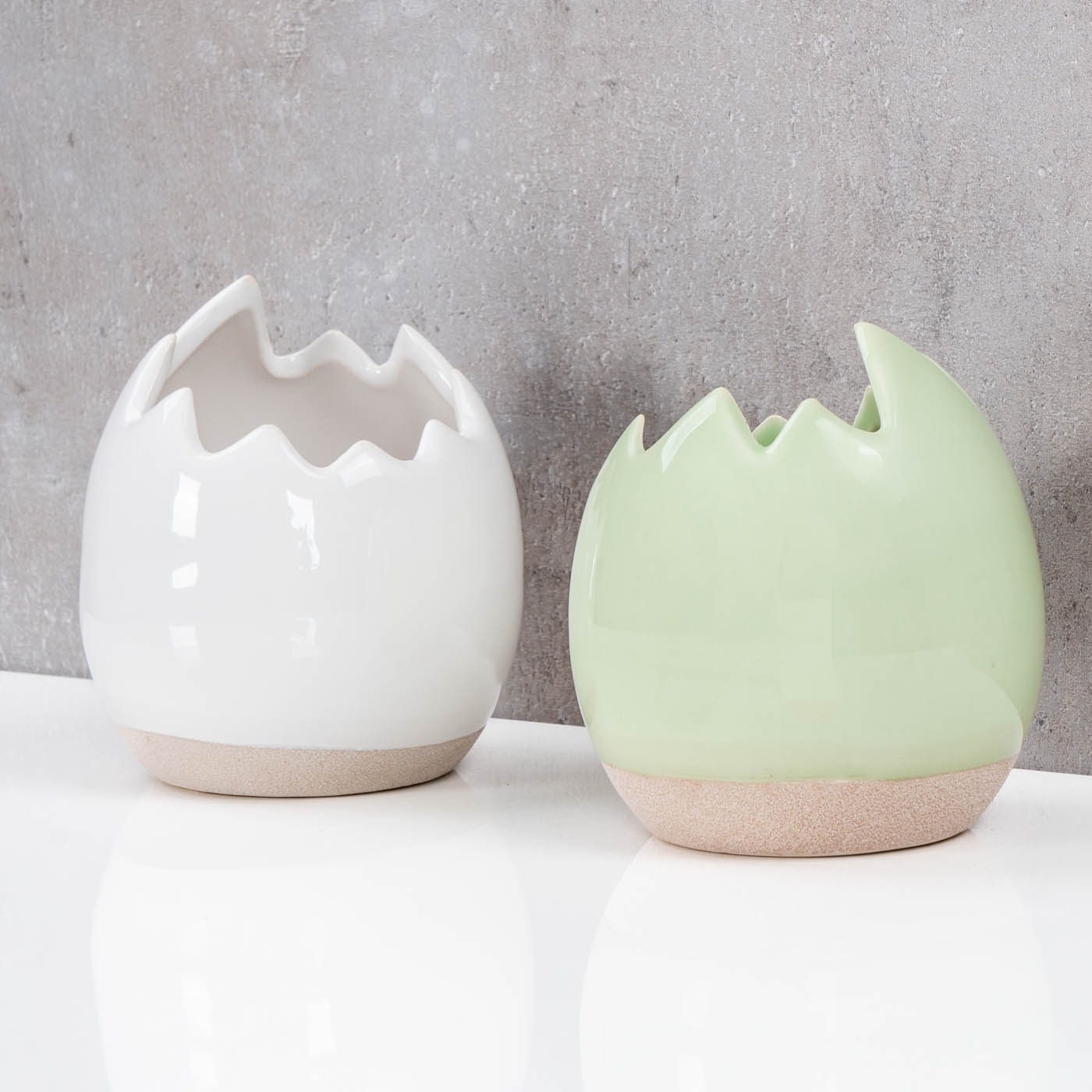 2er Set Eierschale Deko Blumentopf H11cm Keramik Weiß Grün Sandfinish Osterdeko