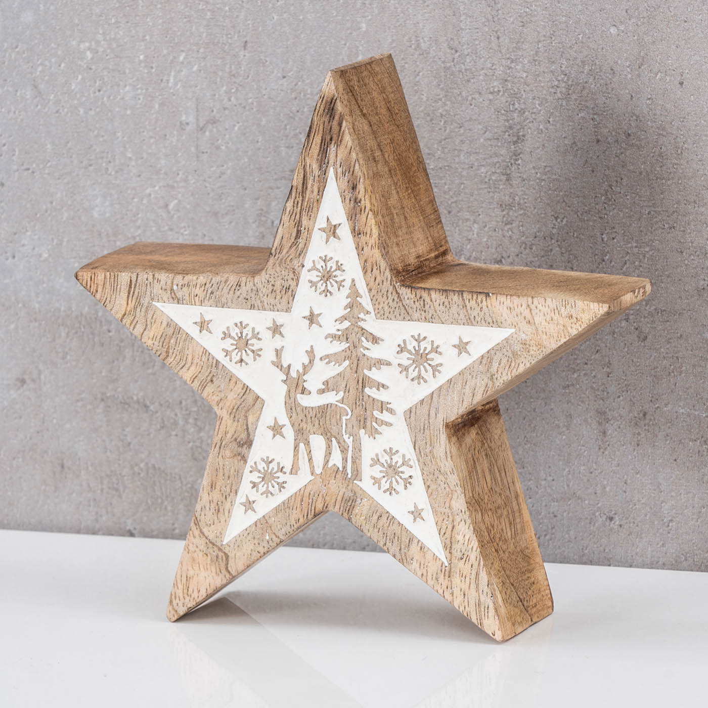 Deko-Stern Holz 14cm Natur Weiß Mango Deko Tischdeko Mangoholz Holzdeko Winter