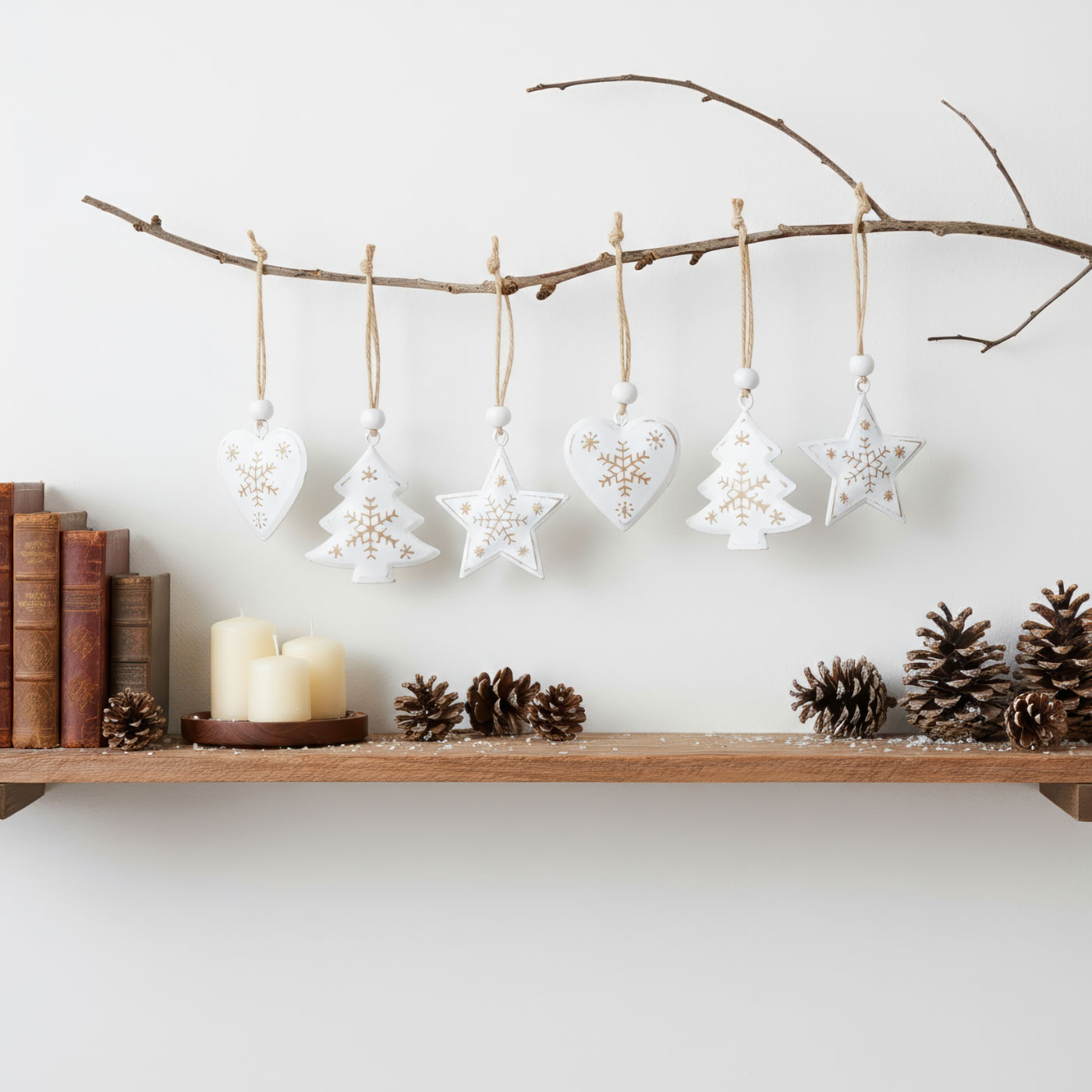 6 Weihnachtsanhänger Metall Weiß Gold Baumschmuck Weihnachtsbaum Stern Herz Deko