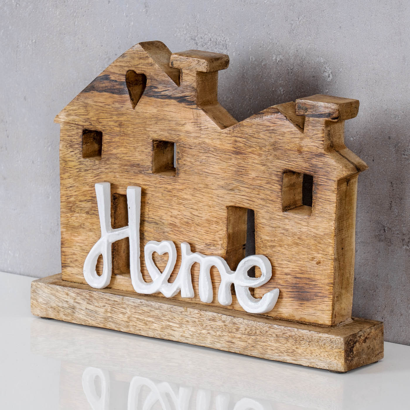 Aufsteller Haus H20cm Home Weiß Mango Metall Schriftzug Holz Deko Tischdeko