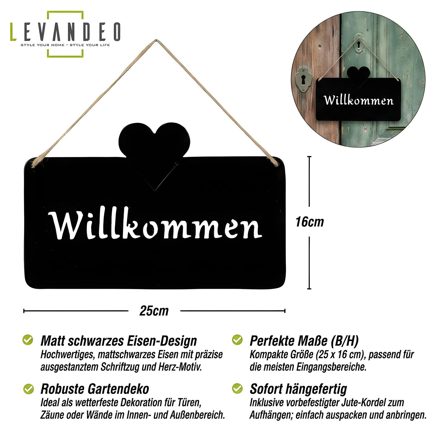 Türschild Willkommen Schwarz 25x16cm Eisen Hängeschild Haustür Gartendekoration