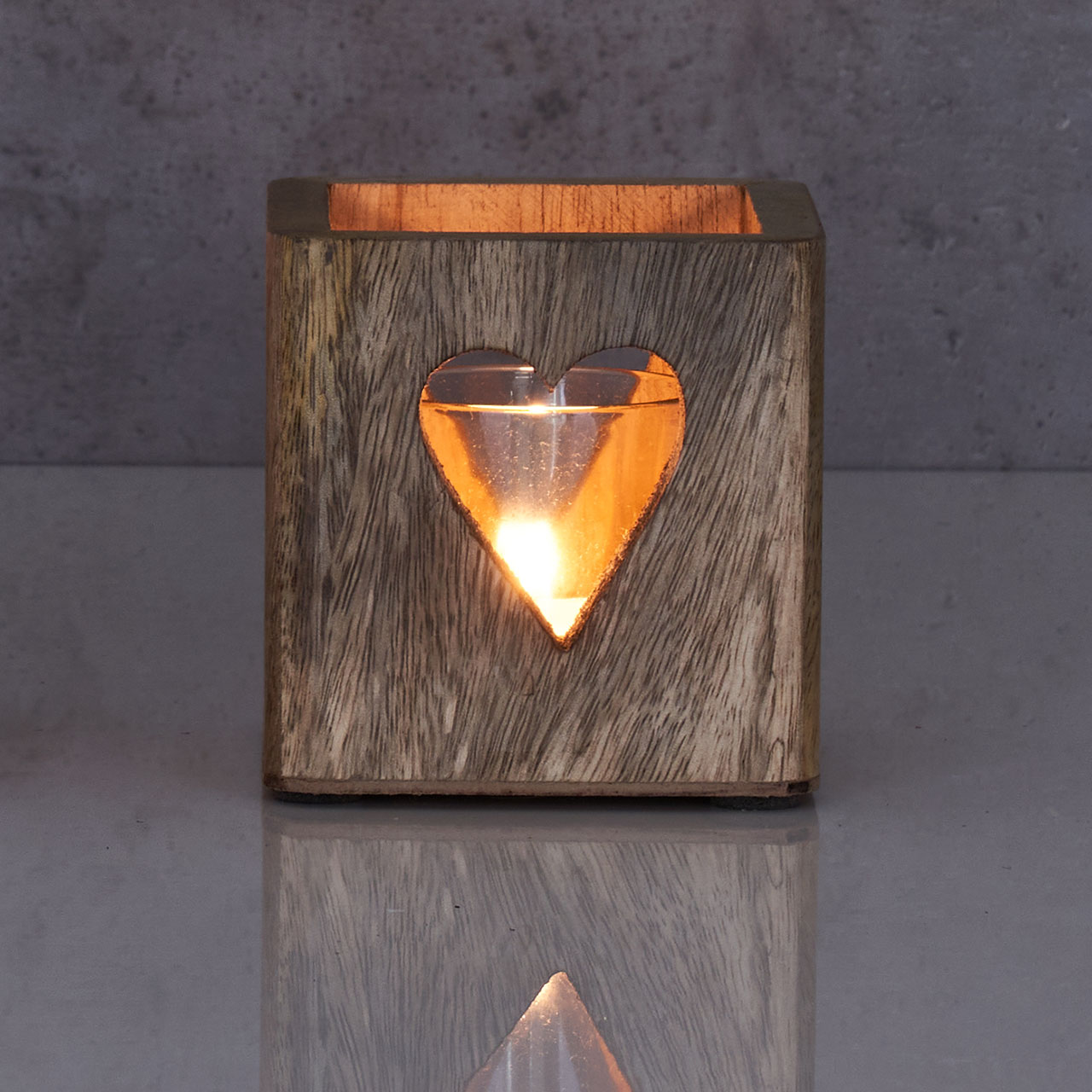 2er Set Windlicht Stern Herz 9cm Mangoholz Teelicht Teelichthalter Kerze Glas