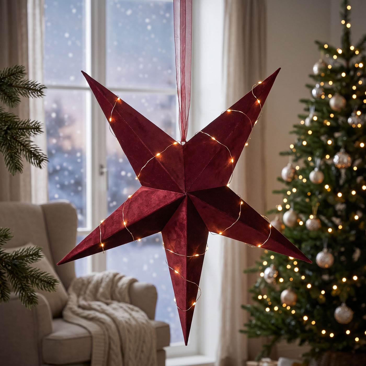Leuchtstern Rot 5 Zacken Samt Weihnachtsstern Deko Stern Lampe Lichterkette