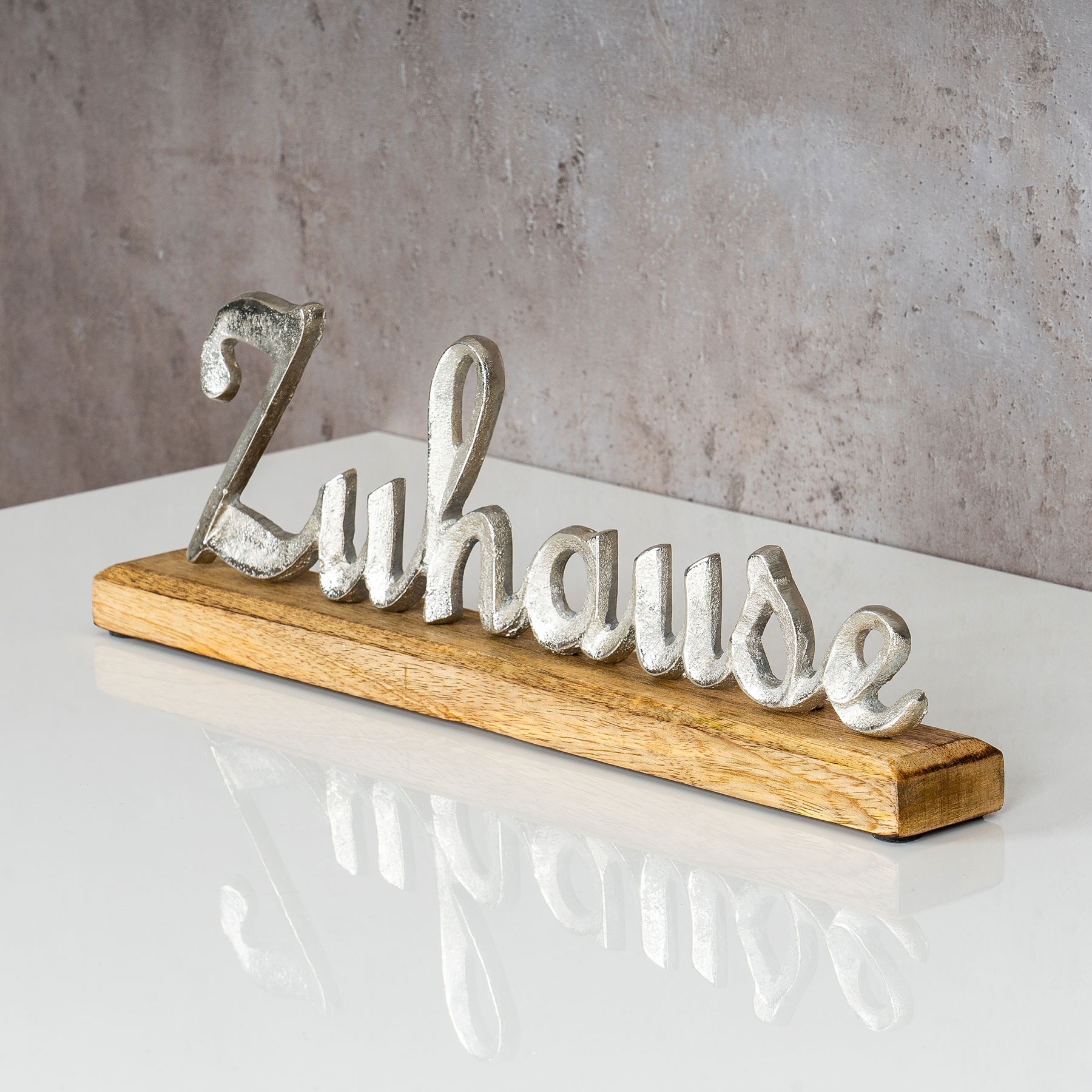 Schriftzug Zuhause L30cm Metall Silber Mango Holz Tischdeko Deko Aufsteller