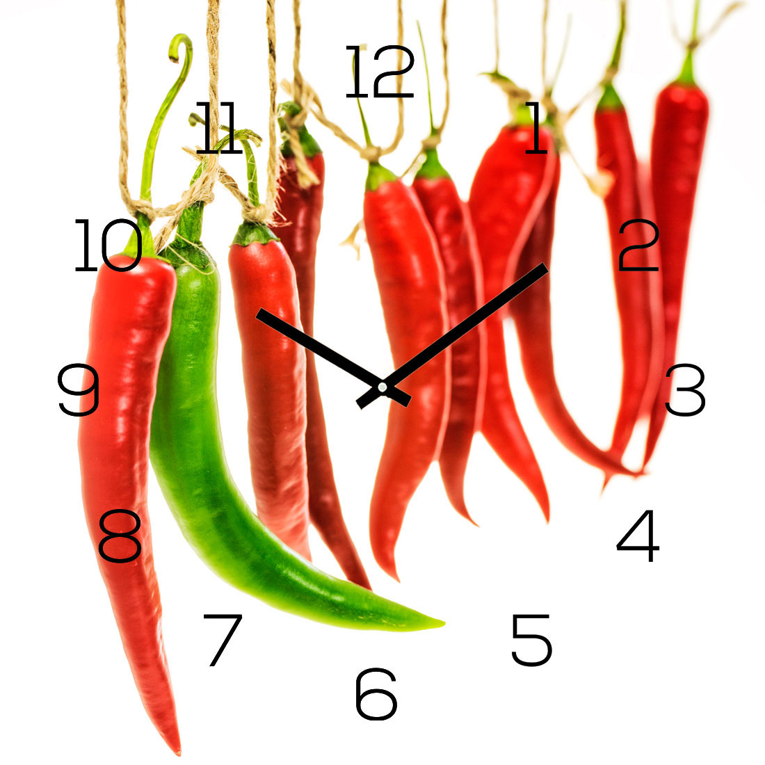 levandeo Wanduhr Glas 30x30cm Glasuhr Uhr Glasbild Chili Küchenuhr Deko
