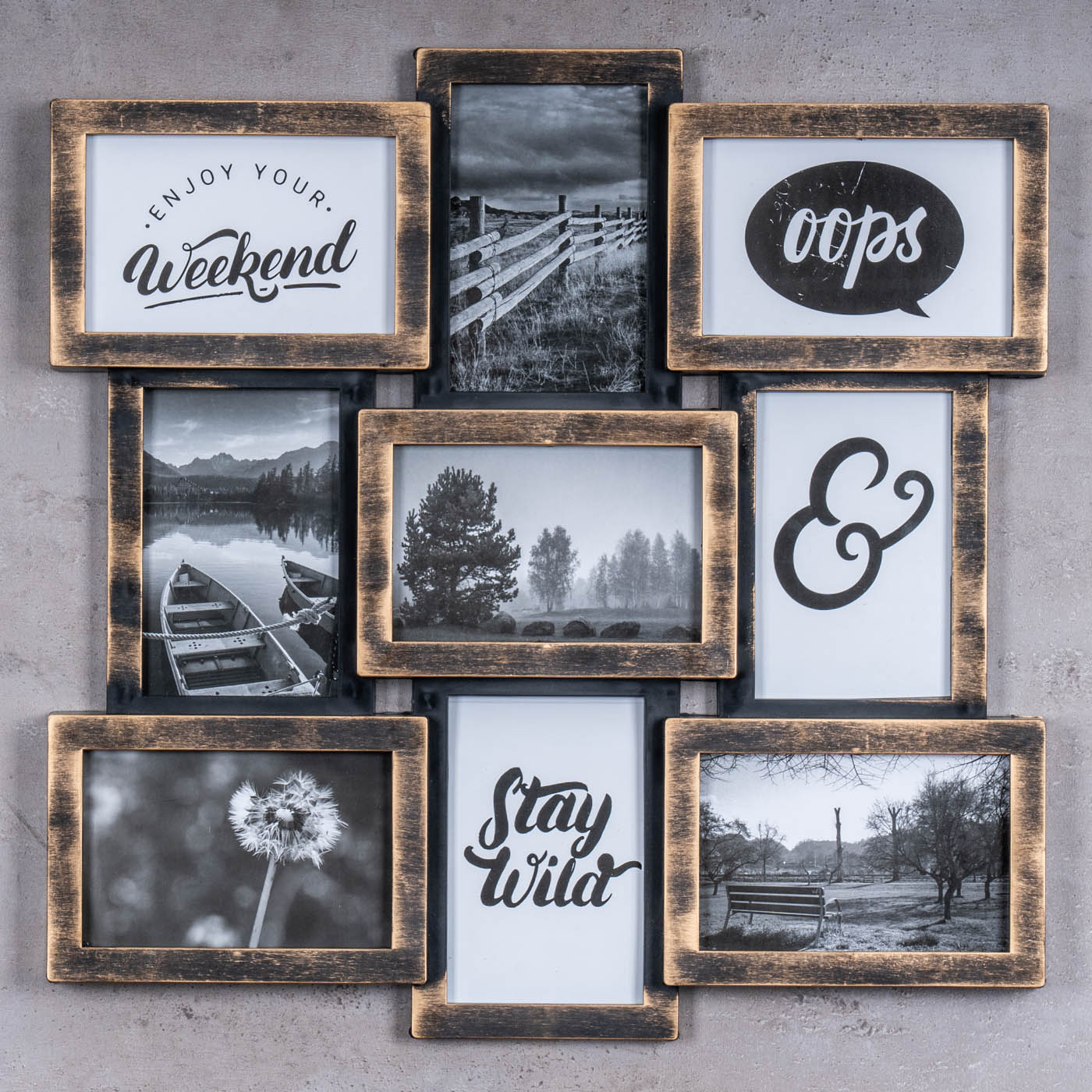 Bilderrahmen Collage 44x44cm 9 Fotos 10x15cm Schwarz Kupfer Industrial Glas