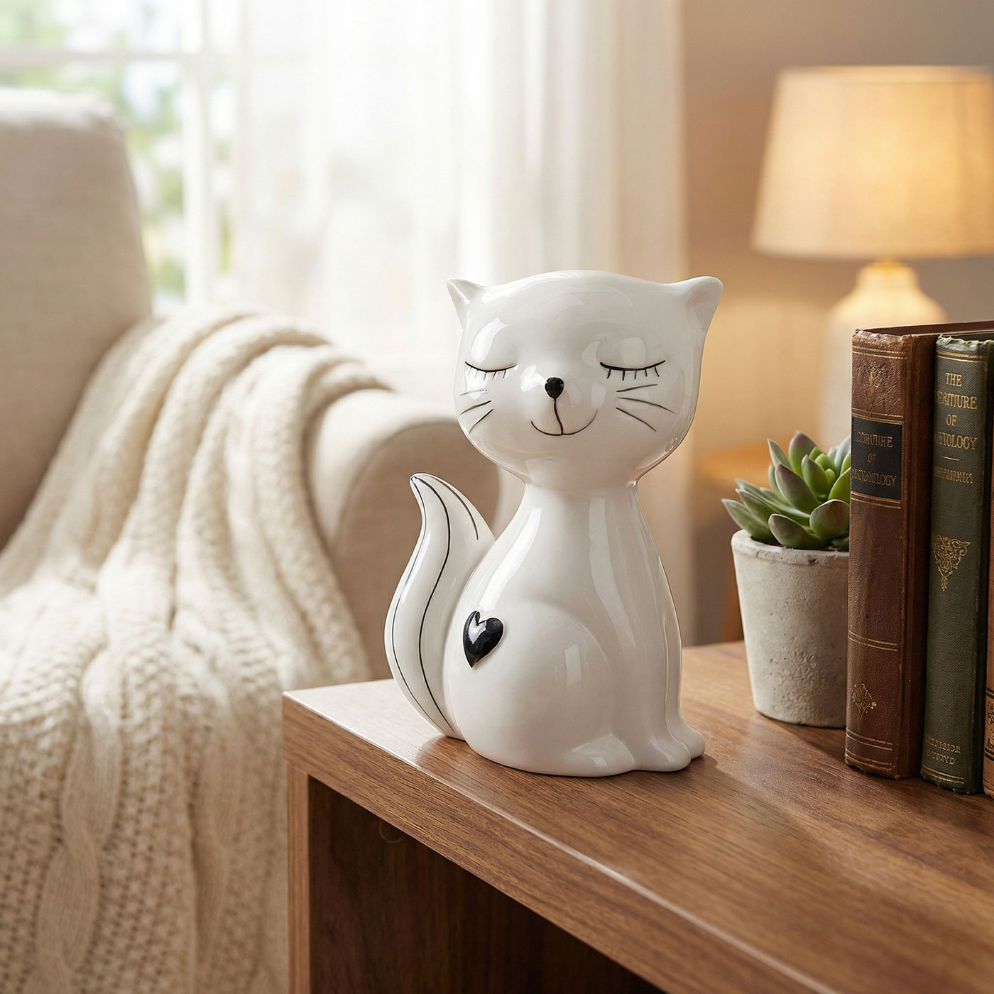 Katze Deko Figur Keramik H17cm Schwarz Weiß Skulptur Tischdeko Herz Wohndeko