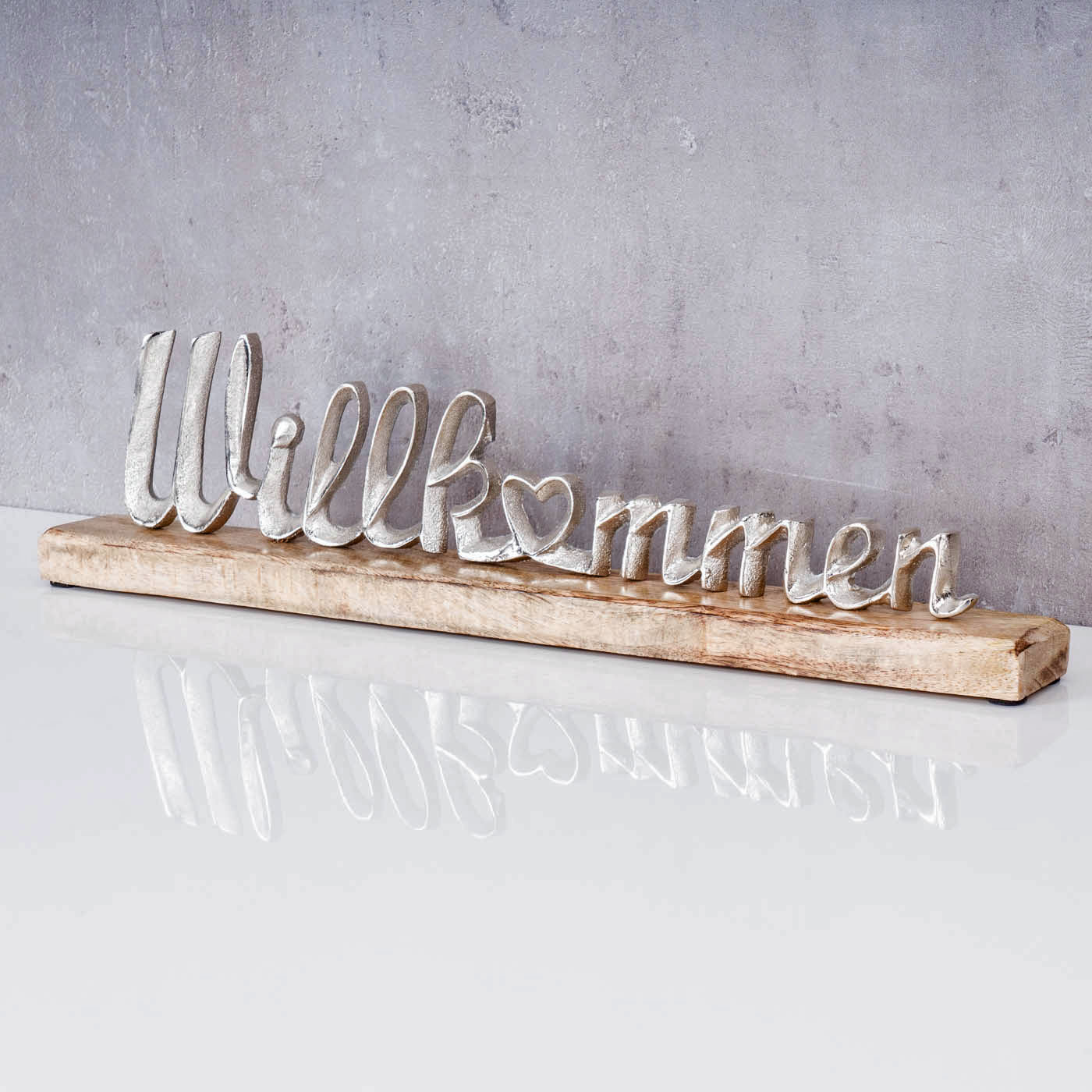 Schriftzug Willkommen L45cm Metall Silber Mango Holz Tischdeko Deko Aufsteller