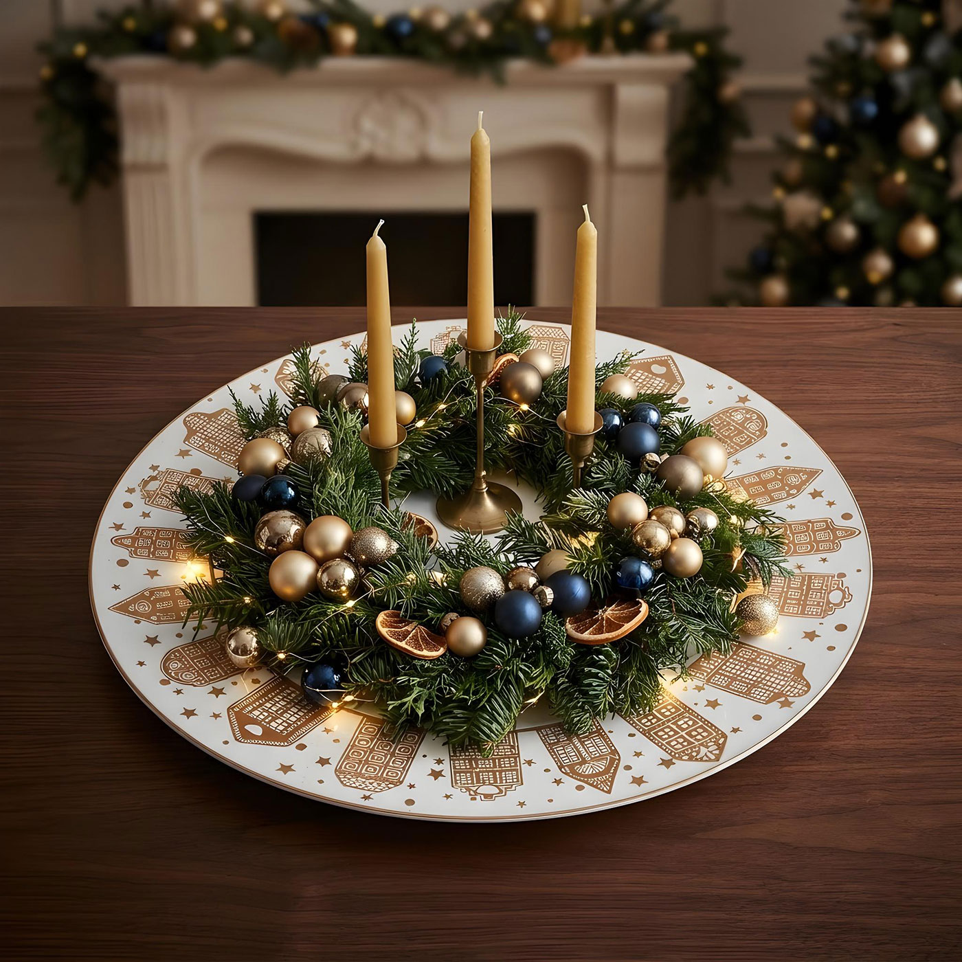 Platzteller Weihnachten 33cm Deko Teller Häusermotiv Beige Melamin Tischdeko