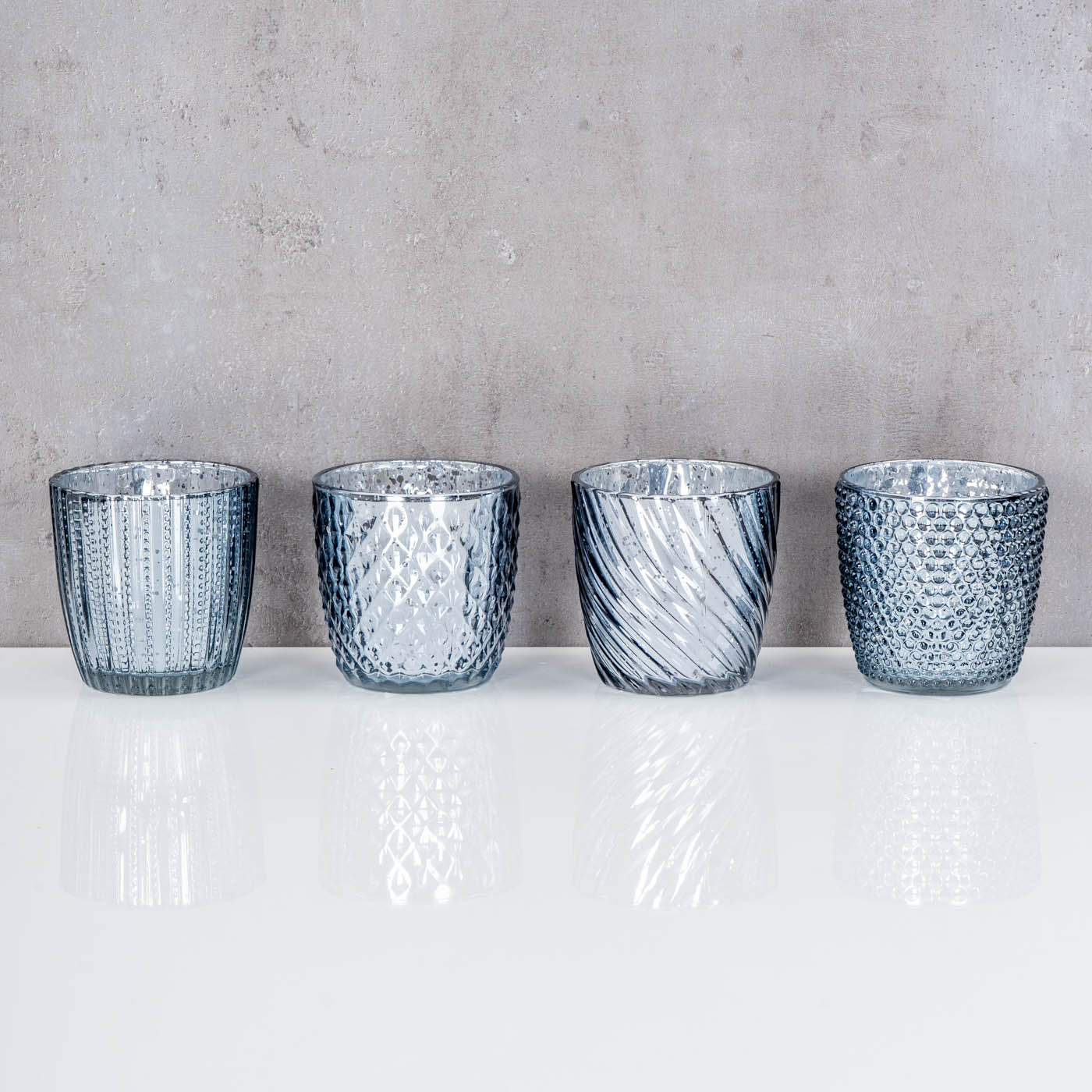 4er Set Windlicht H9cm Glas Silber Teelichthalter Tischdeko Kerzen Retro Deko