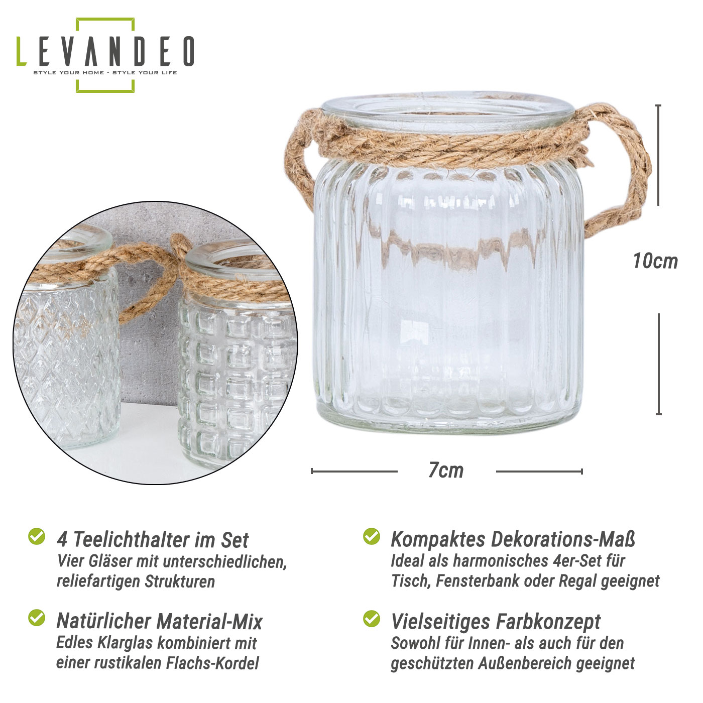 4er Set Windlicht Klar Glas H10cm Teelichthalter Tischdeko Kerzen Deko Retro