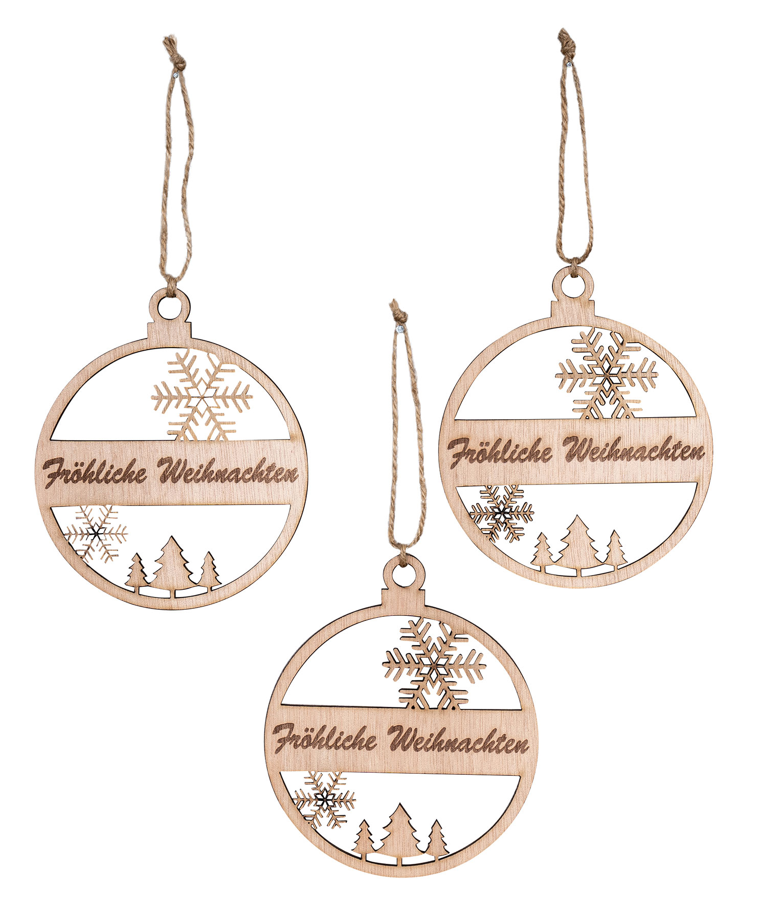 3er Set Deko-Anhänger Fröhliche Weihnachten Holz Birkenholz Baumschmuck Kugel