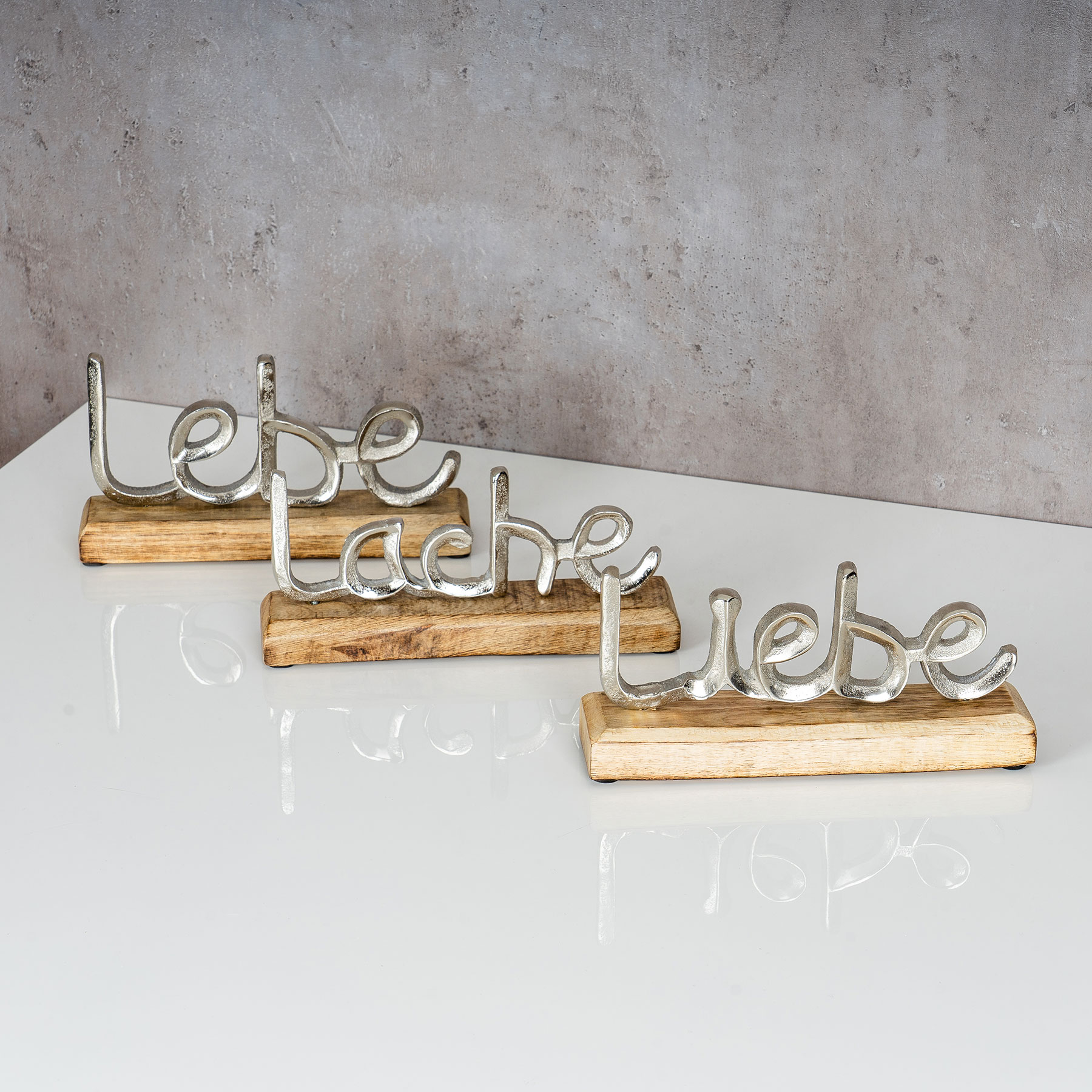 3er Set Schriftzug Lebe Lache Liebe L23cm Metall Silber Mango Holz Deko