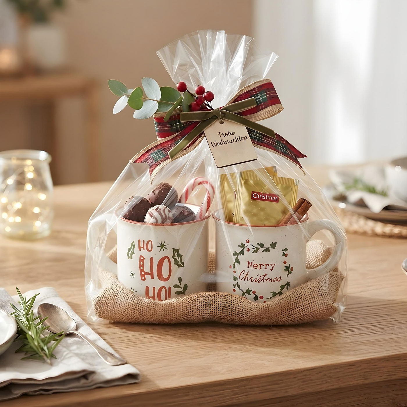 2er Set Tassen Weihnachten HoHoHo 330ml Steingut Kaffeetasse Rot Grün Becher
