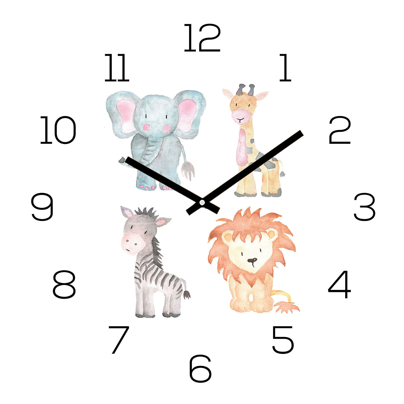 Wanduhr Zootiere 30x30cm Glas Kinder Uhr Glasbild Löwe Elefant Kinder Wanddeko