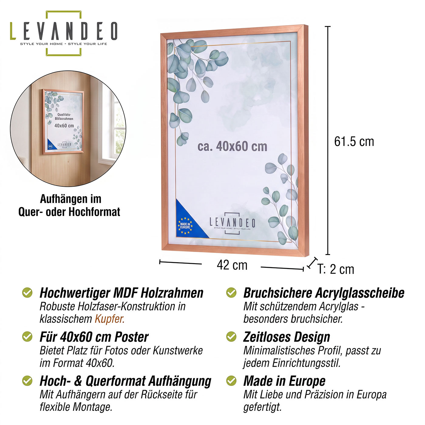 Bilderrahmen 40x60 Kupfer MDF Holz Fotorahmen Posterrahmen Wanddeko Einzelrahmen