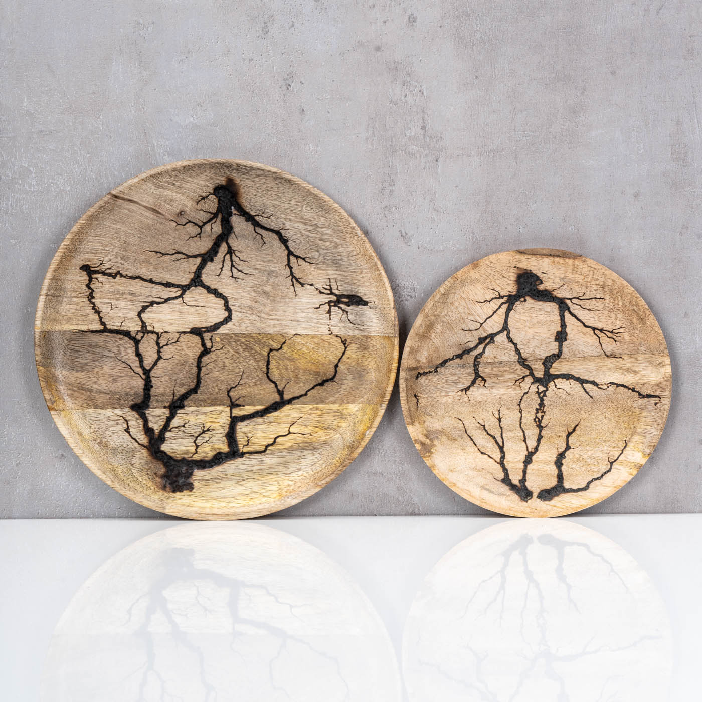 2er Set Teller Holz Ø22-30cm Mango Natur Braun Muster Unikat Deko Holzteller