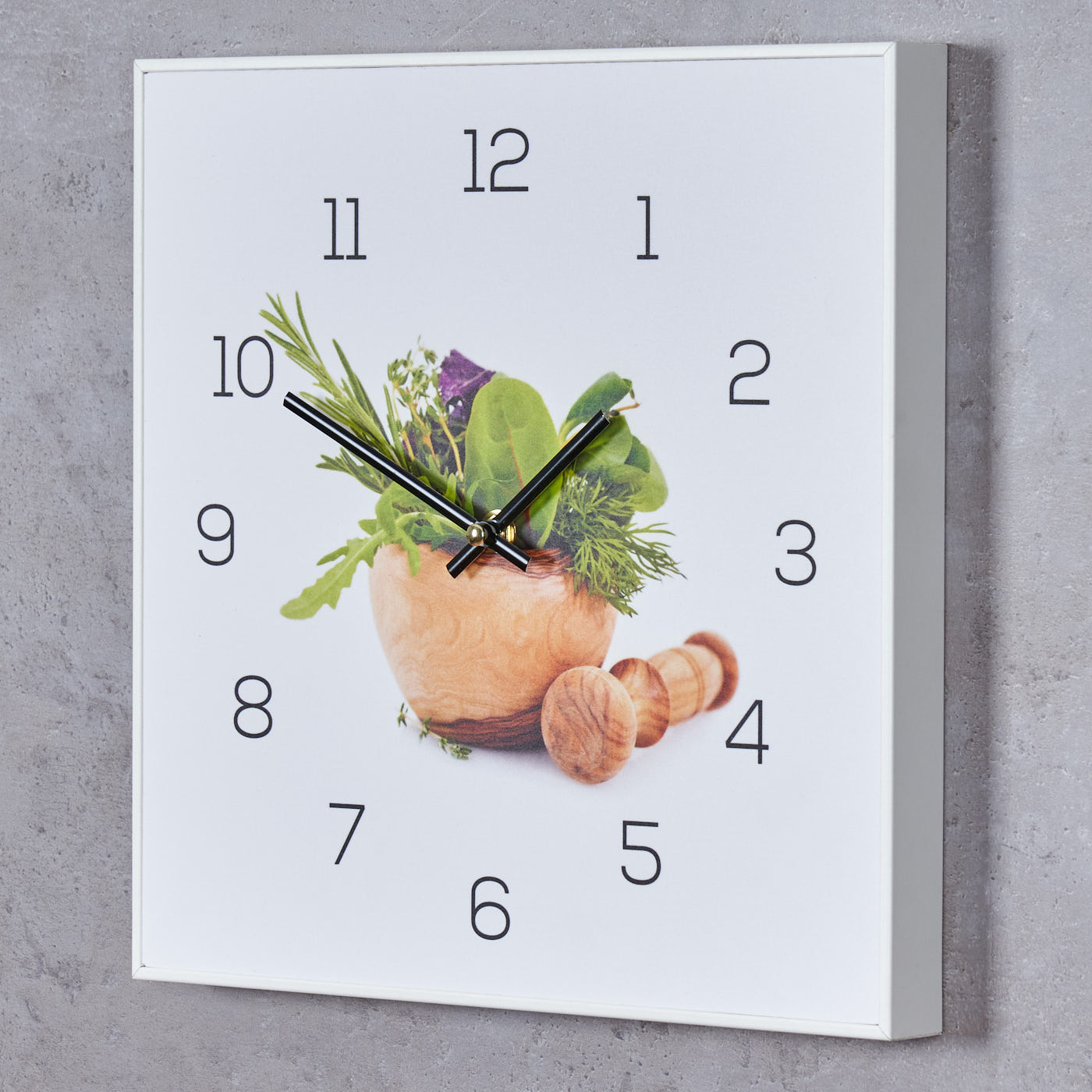 Wanduhr 30x30cm Uhr PVC Rahmen Weiß Küche Kräuter Gewürze Deko Gewürze Wandbild