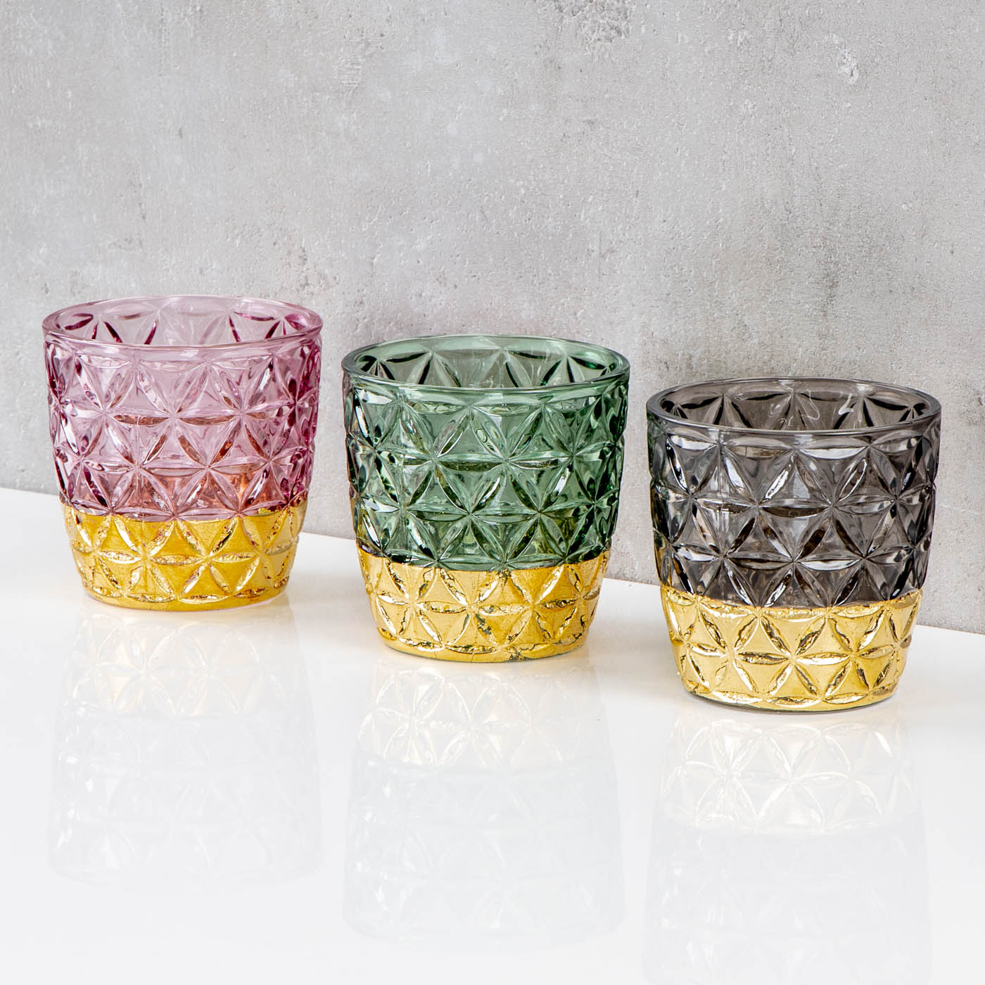 3er Set Teelichthalter Glas Rosa Grün Grau H9cm Kerzenglas Retro Tischdeko Deko