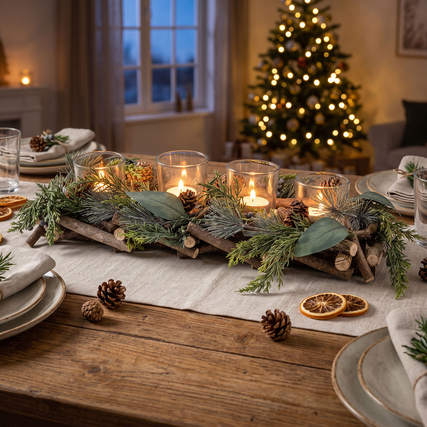 Adventsgesteck Tischdeko Weihnachten Gesteck Teelichthalter Natur Adventsdeko