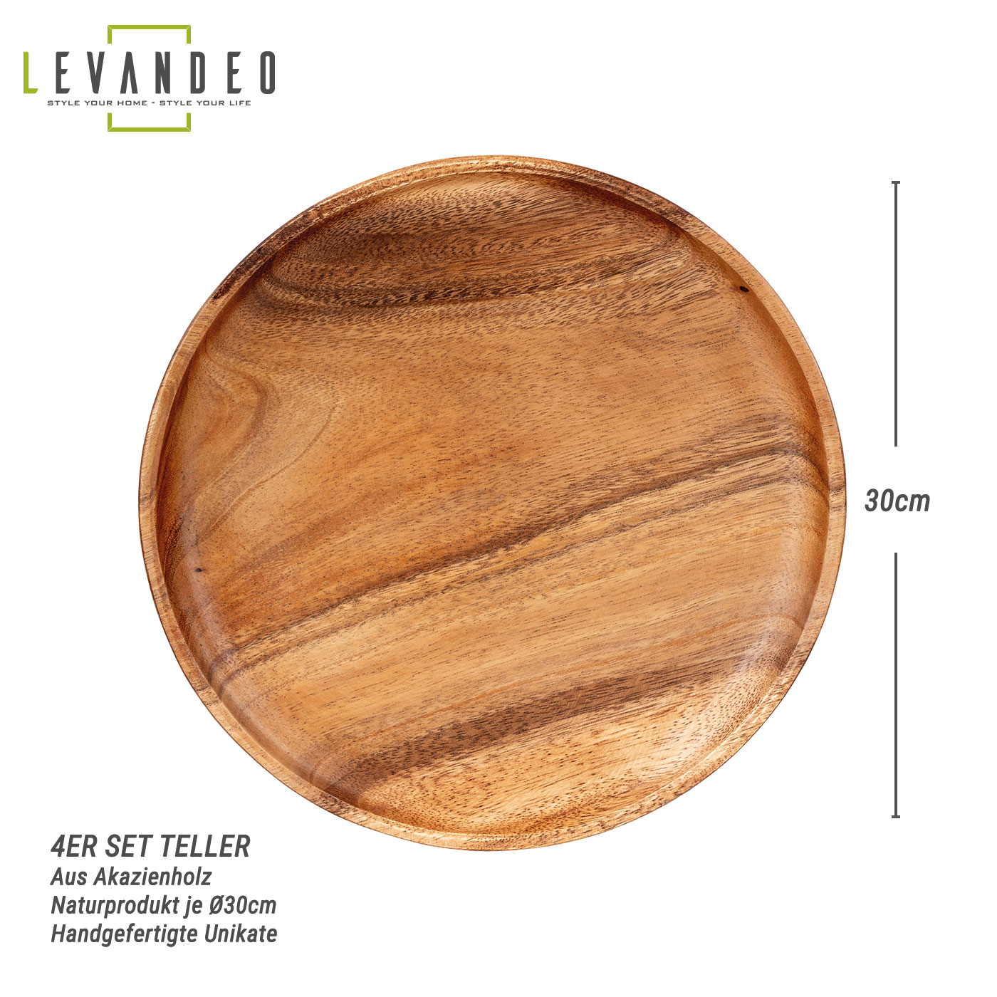 4er Set Runde Teller Akazie Ø30cm Holzteller Snackteller Dekoteller Deko Unikat
