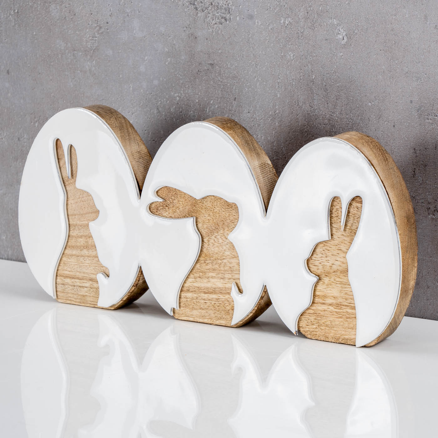 Deko Aufsteller Ostereier Hasendekor Mangoholz Natur Weiß Tischdeko Ostern Hase