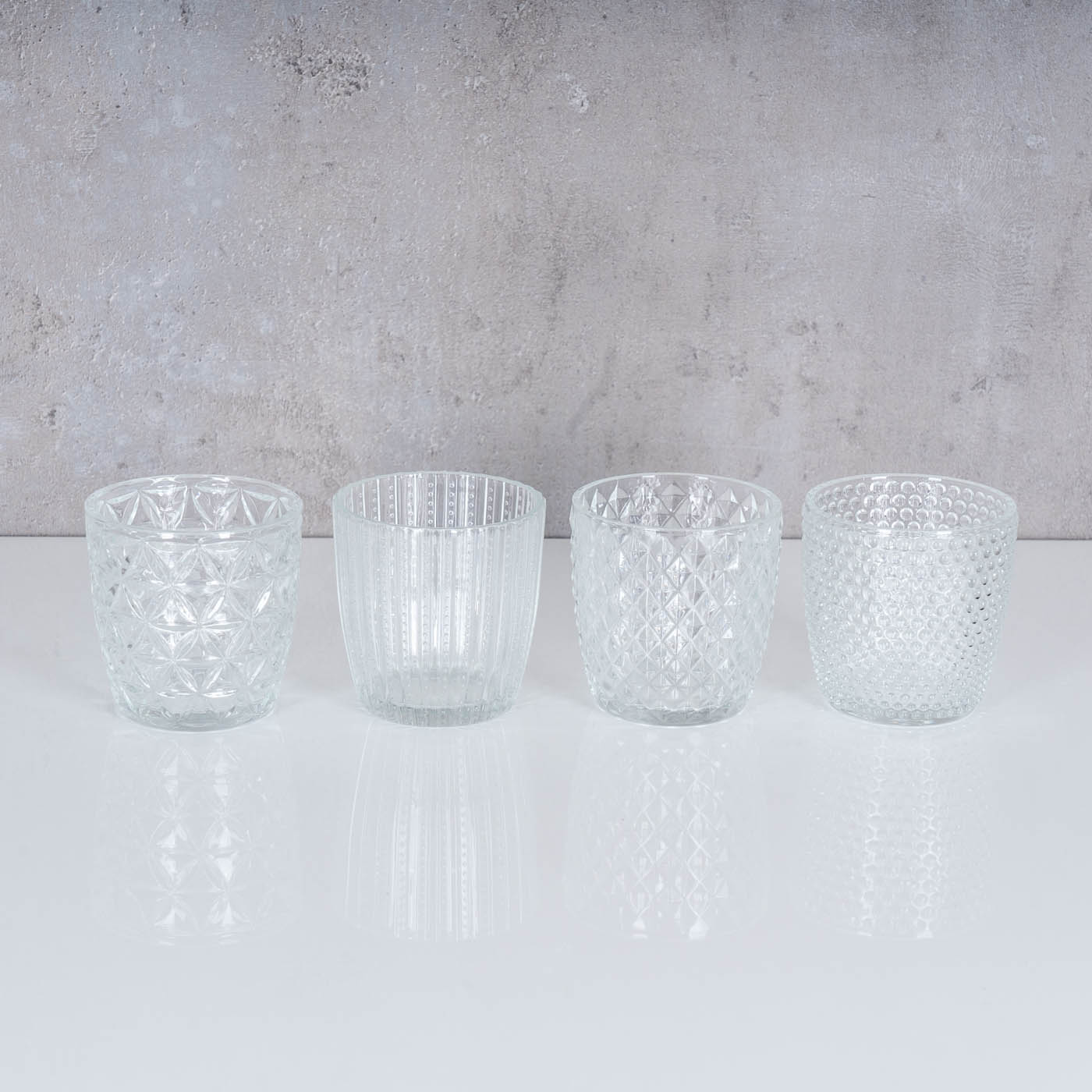 4er Set Windlicht H7,5cm Glas Klar Teelichthalter Tischdeko Kerzen Retro Deko