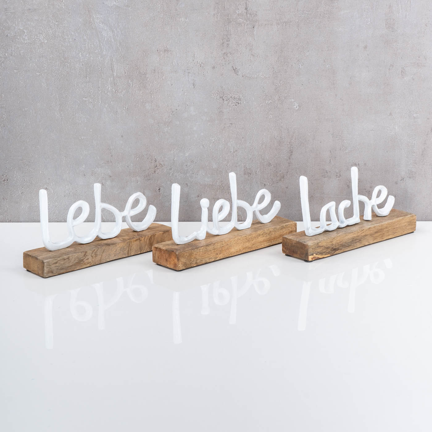 3er Set Schriftzug Lebe Lache Liebe L22cm Metall Weiß Mango Holz Tisch-Deko