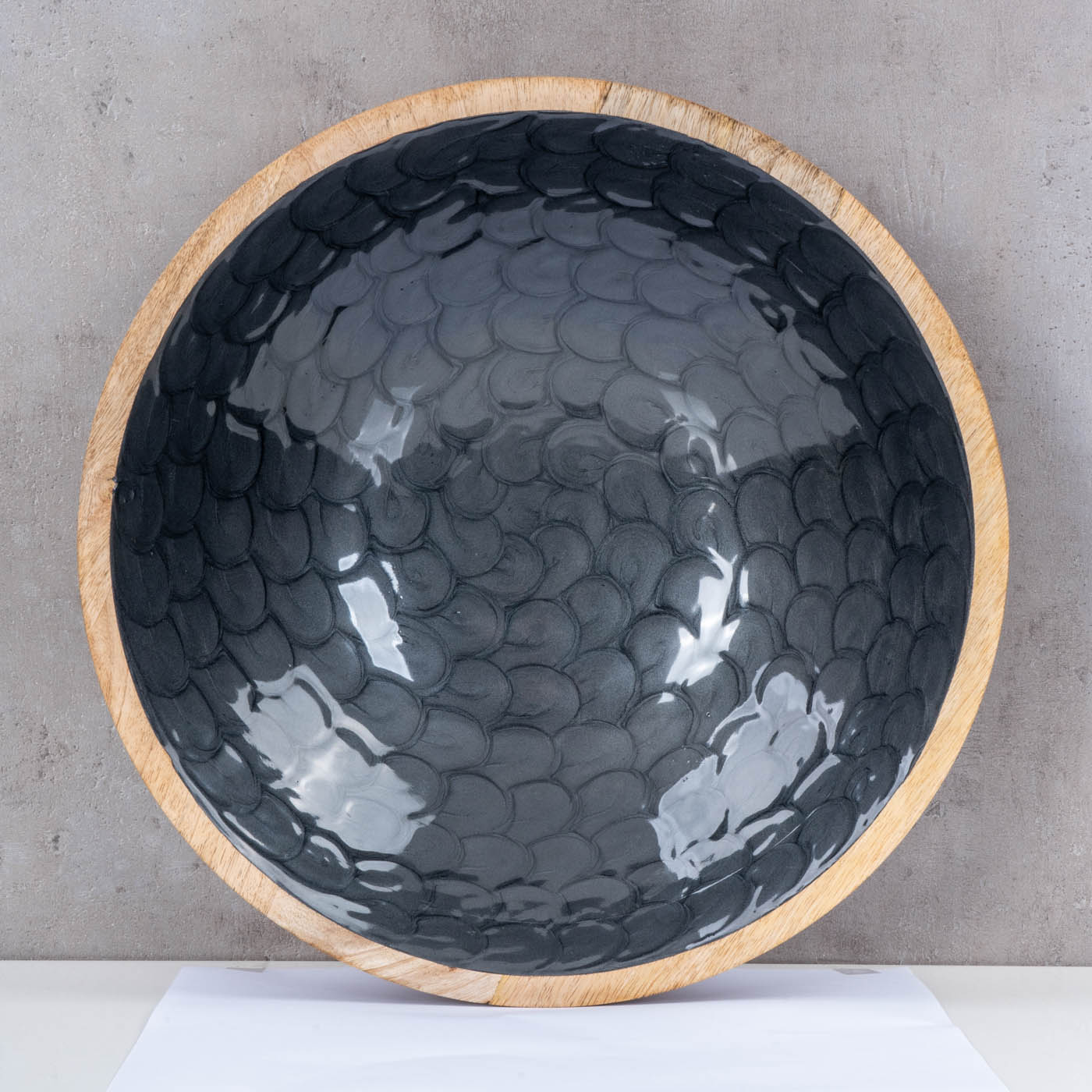 Schüssel 35cm Mango Holz Grau Perlmutt Emaille Schale Bowl Salatschüssel Deko