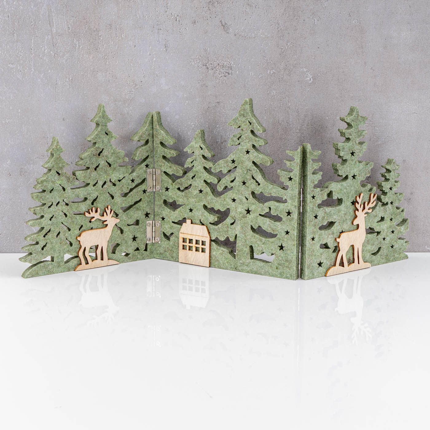 2er Set Wald Silhouette Grün Filz Deko Waldhütte Hirsch Deko Aufsteller Tischdeko