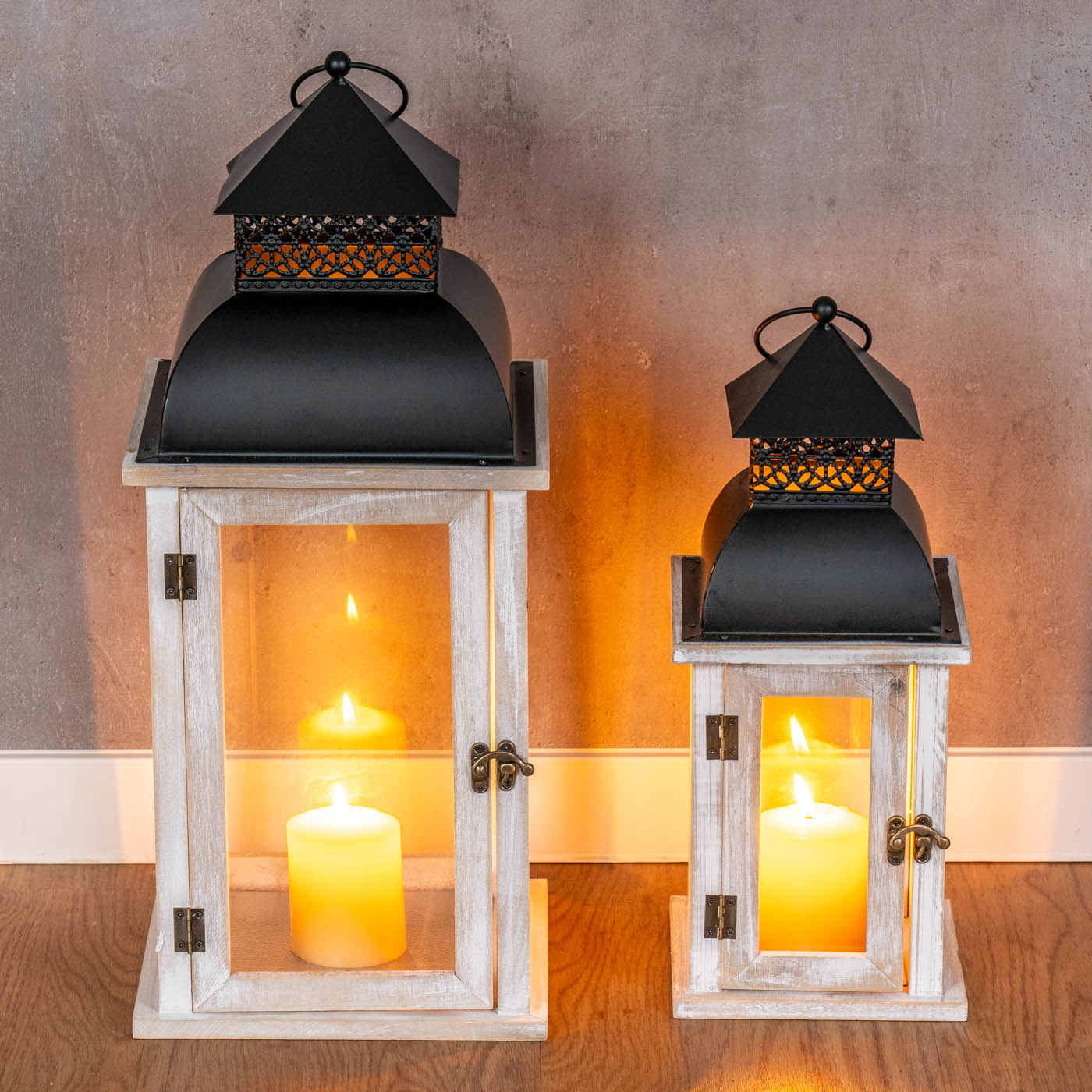 2er Set Laterne Weiß Holz Metall Kerzenhalter Windlicht Gartendeko Holzlaterne