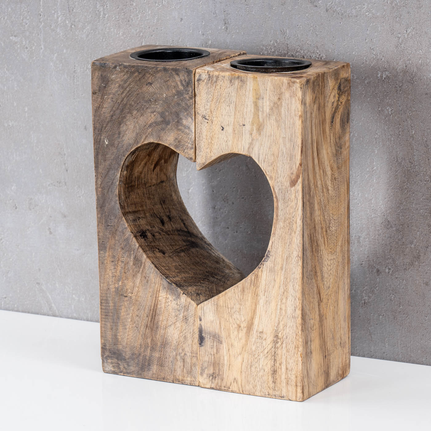 Teelichthalter Herz H20cm Mango-Holz Natur Braun Kerzenhalter Geteilt Tischdeko