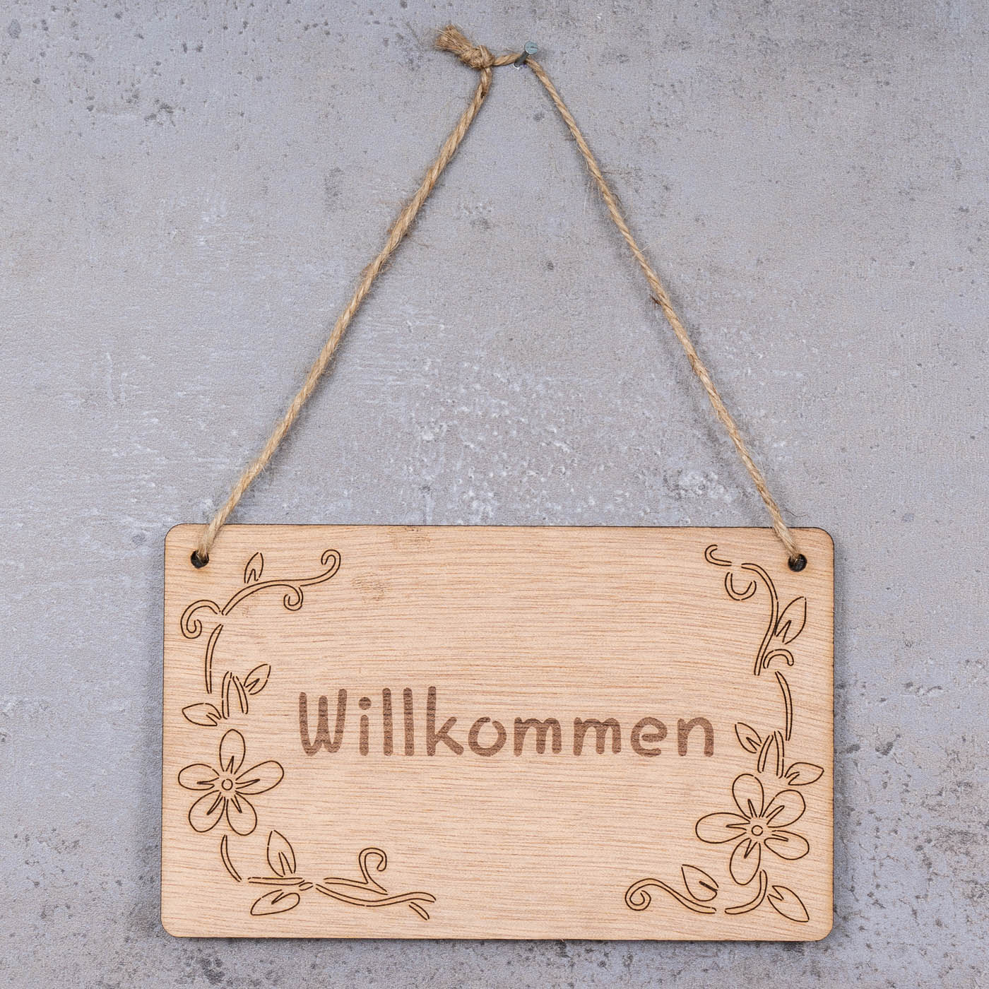 Schild Willkommen 13x8cm Birkenholz Holzschild Blumen Deko Holz Anhänger