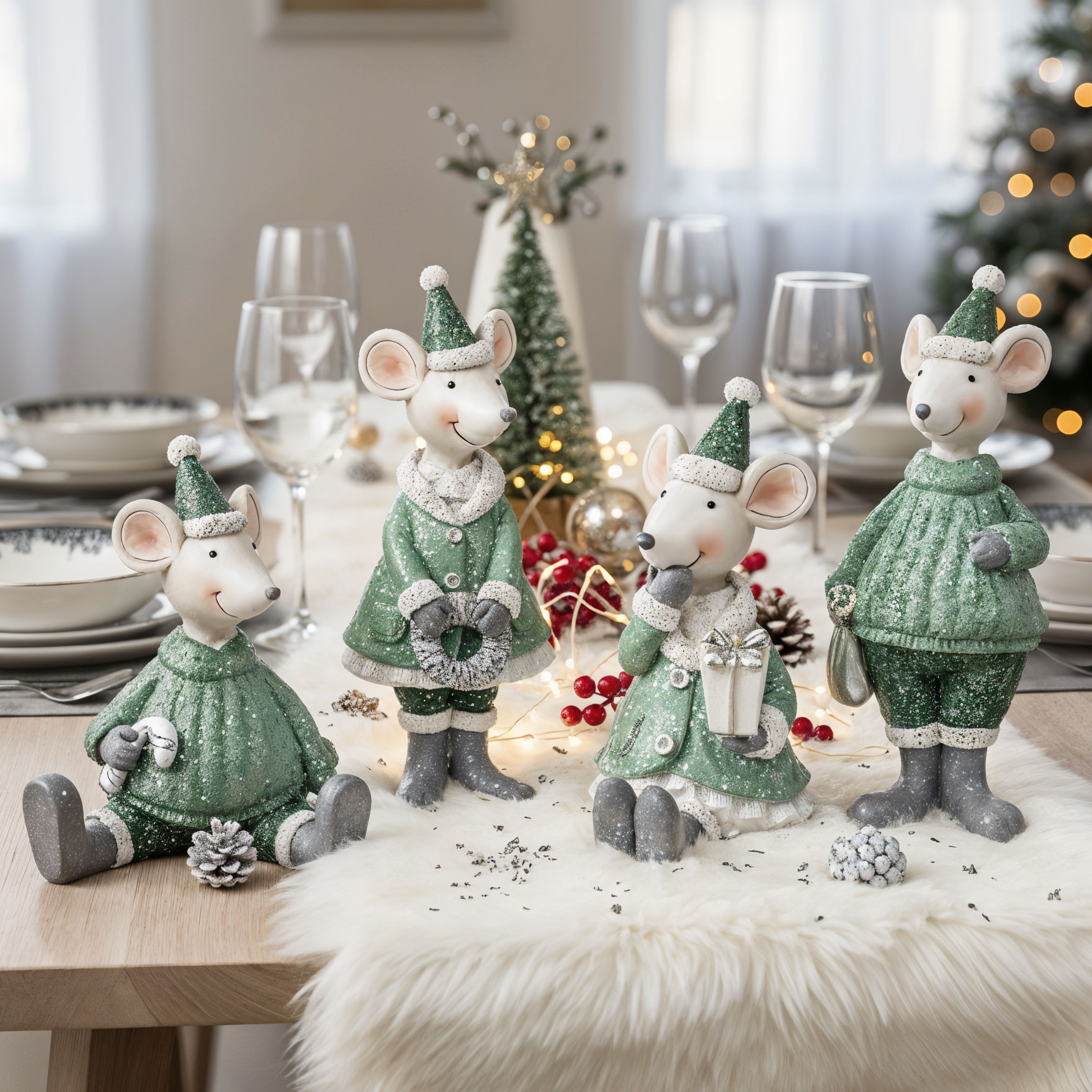 4er Set Mäuse Figuren Weihnachten Deko Kunstharz Grün Weiß Weihnachtsdeko Deko