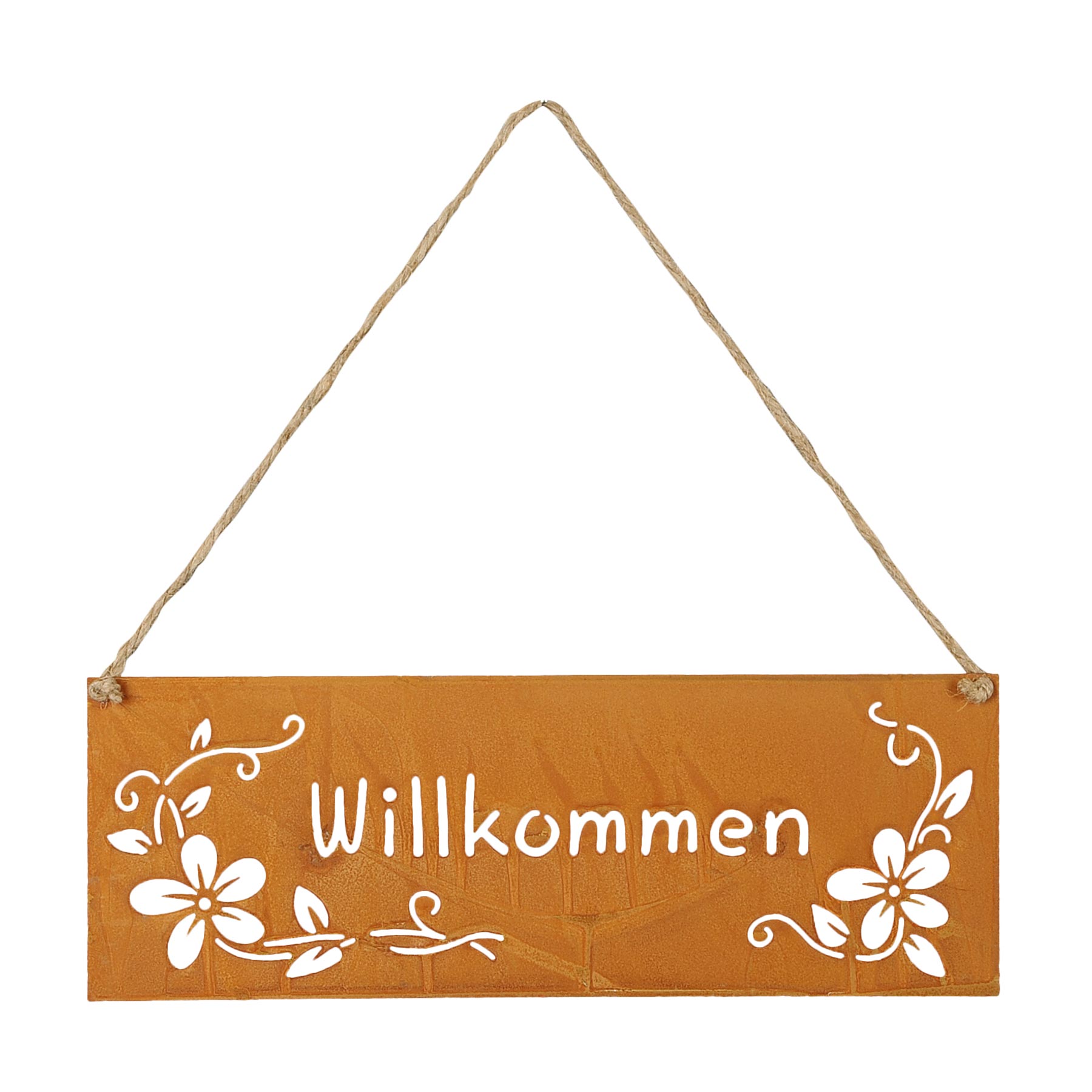 Schild Willkommen 25x9cm Außen Garten-Deko Rost Blumen Metall Türschild Wandbild