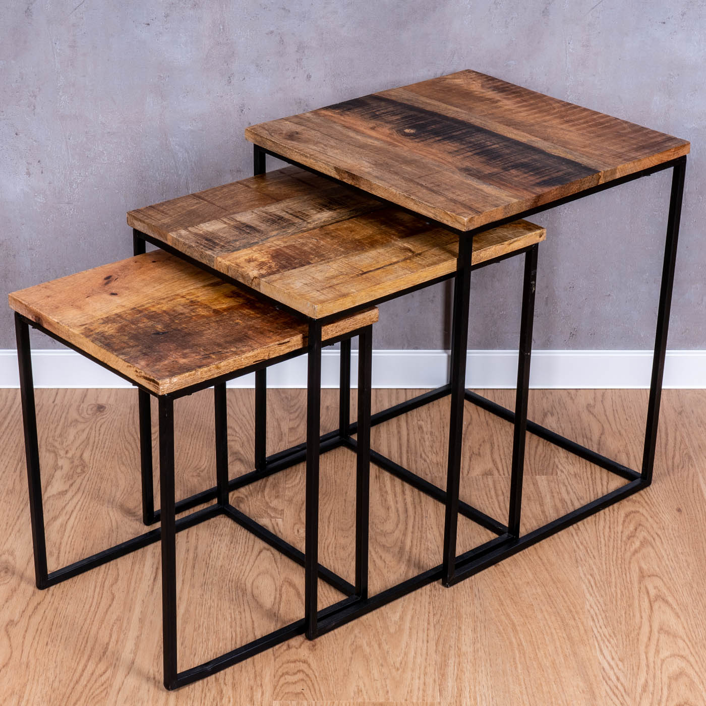 3er Set Beistelltisch Mango Natur Eisen Schwarz Design Holz Couchtisch Deko