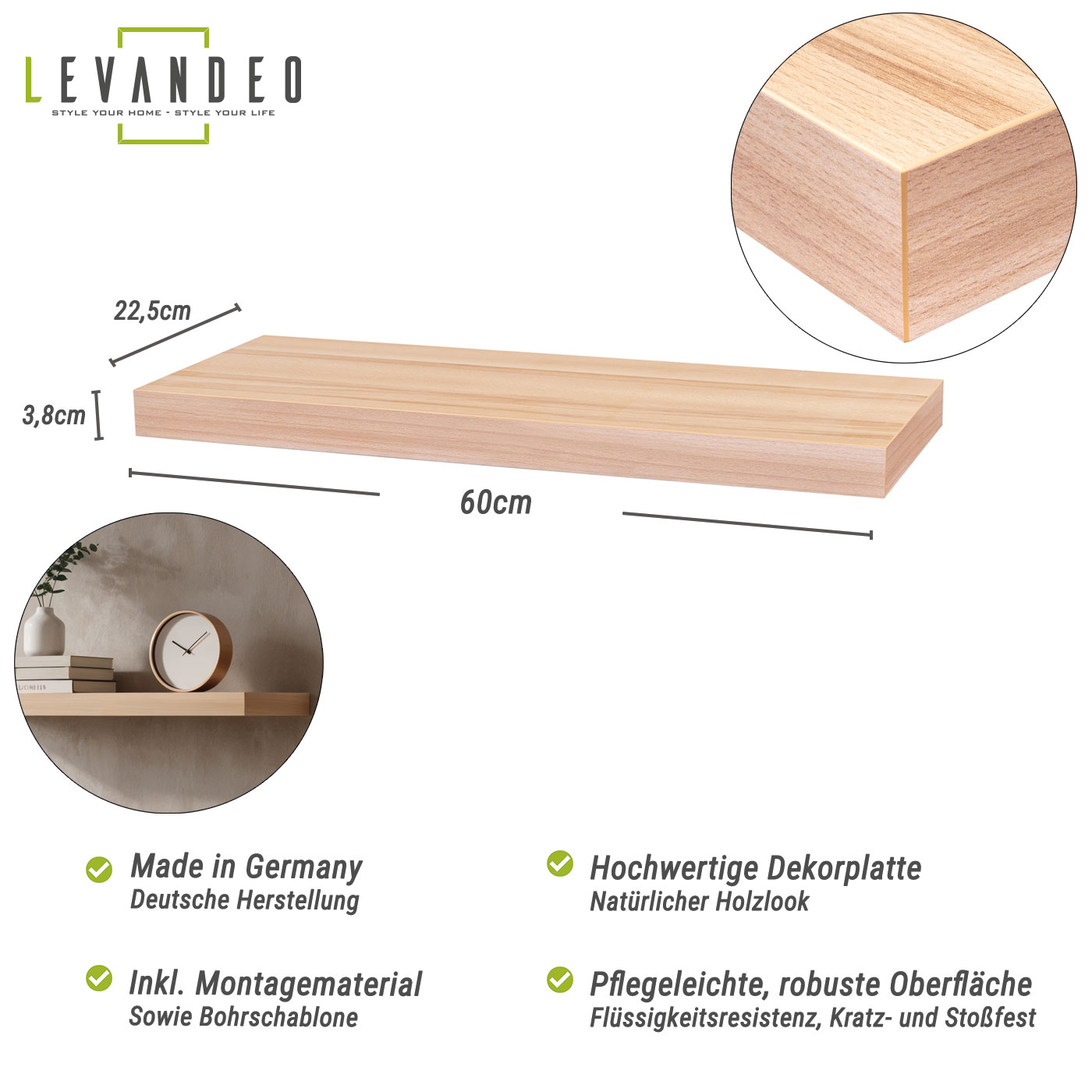 Wandboard Bobby 60cm Kernbuche - Wandregal Regal Board Bord Wandbord