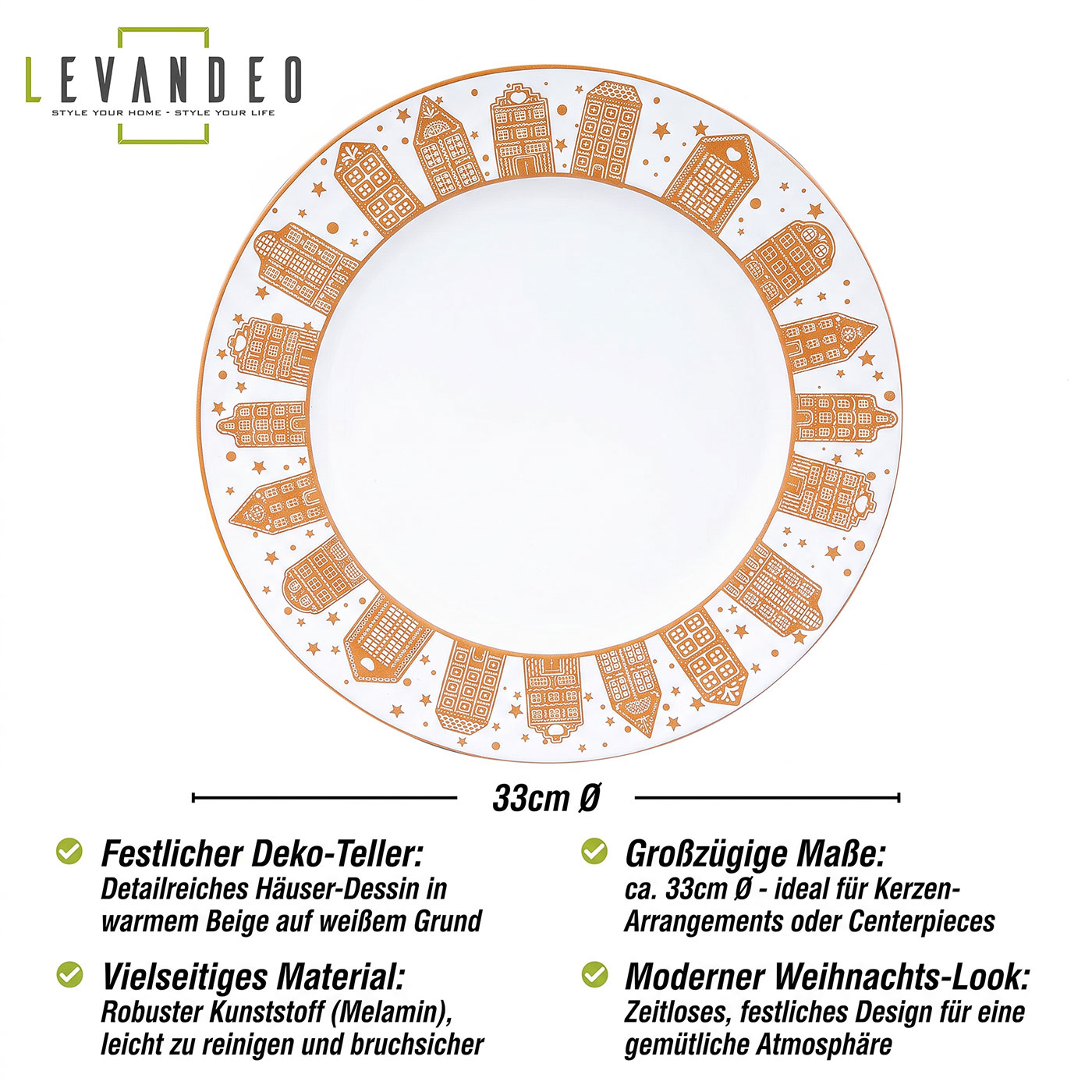 Platzteller Weihnachten 33cm Deko Teller Häusermotiv Beige Melamin Tischdeko