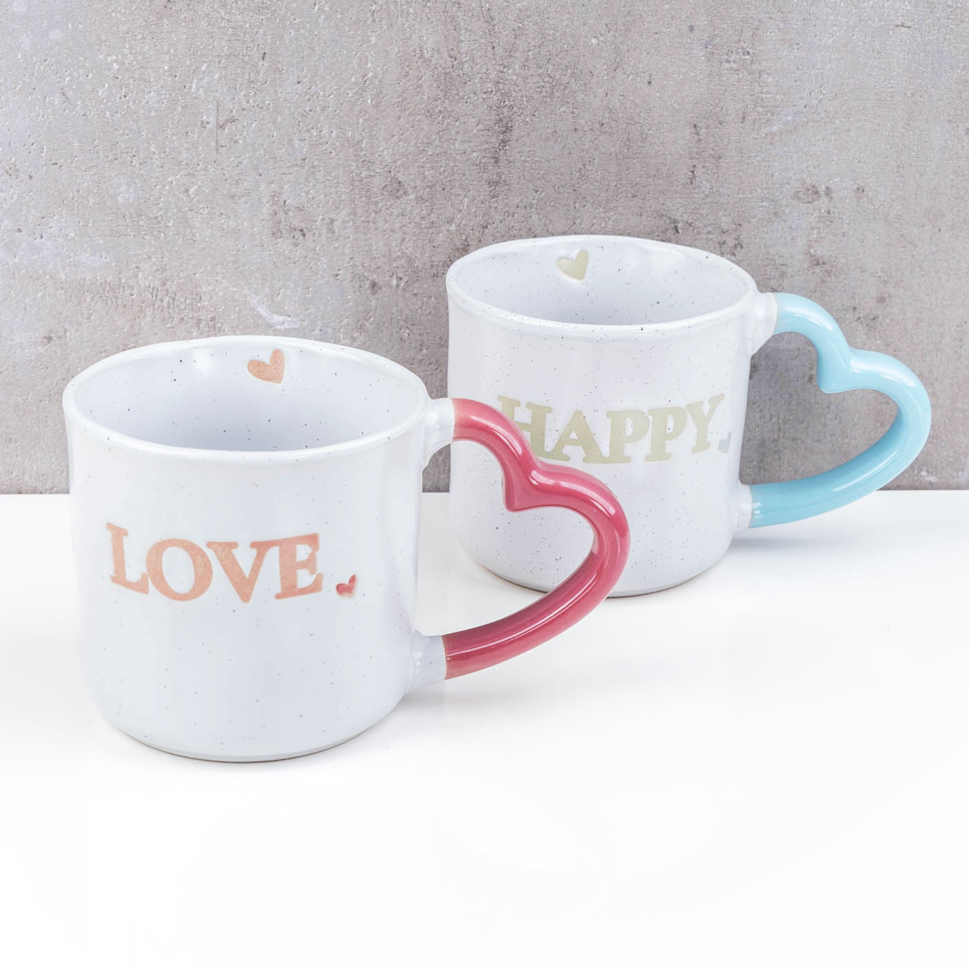 2er Set Tassen Steingut 350ml Herz Happy Love Kaffeebecher Kaffeetasse Geschenk
