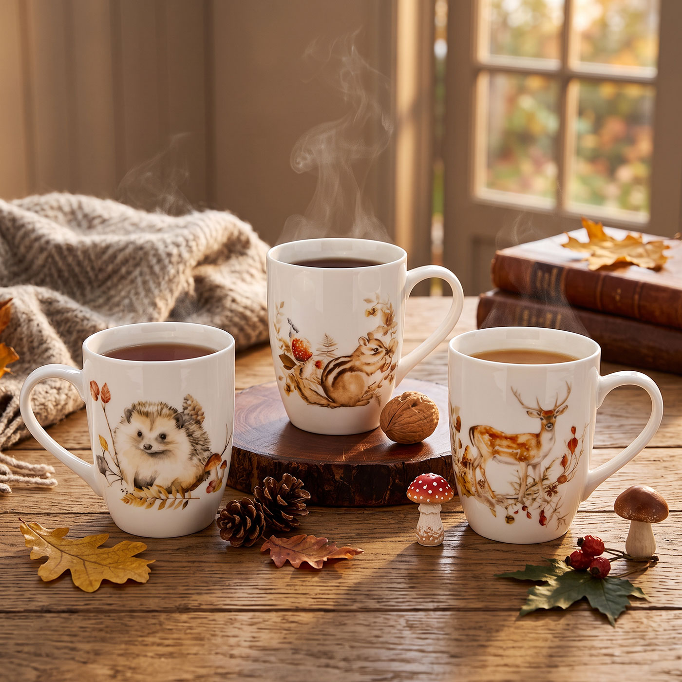 3er Set Kaffeetasse 340ml Porzellan Waldtiere Igel Hirsch Eichhörnchen Herbst