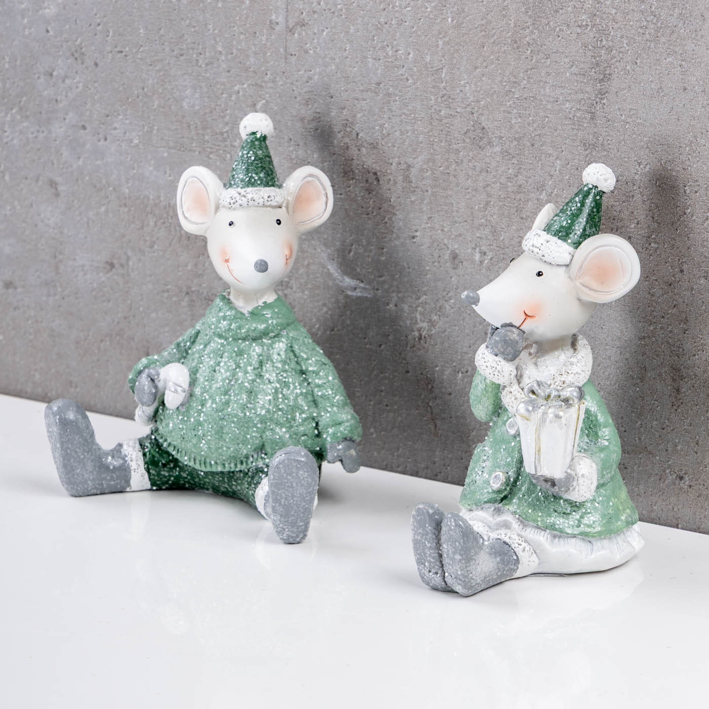 2er Set Mäuse Weihnachten Deko Kunstharz Grün Weiß Weihnachtsdeko Tischdeko