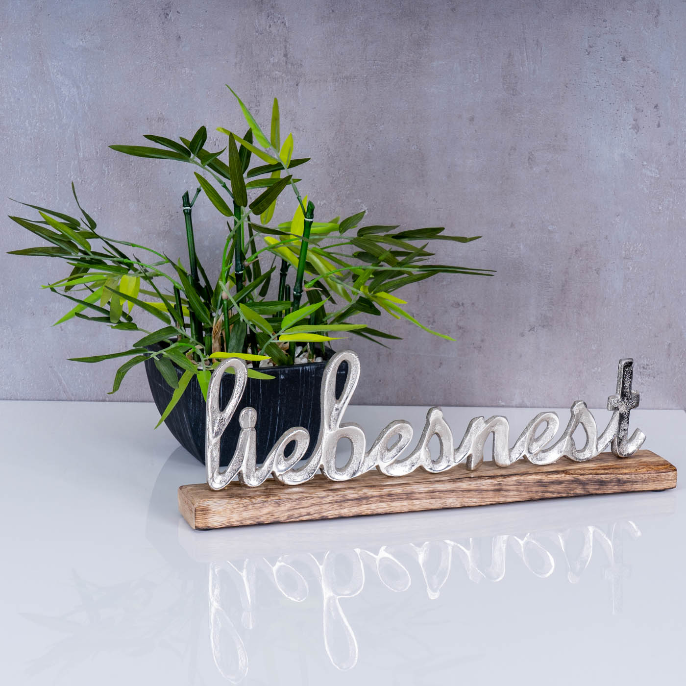Schriftzug Liebesnest L40cm Metall Silber Mango Holz Tischdeko Deko Aufsteller