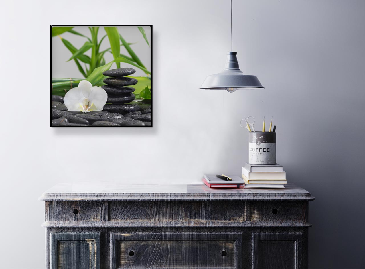 Glasbild 30x30cm Bambus Orchideen Steine Wandbild Deko Relax Wellness Wanddeko