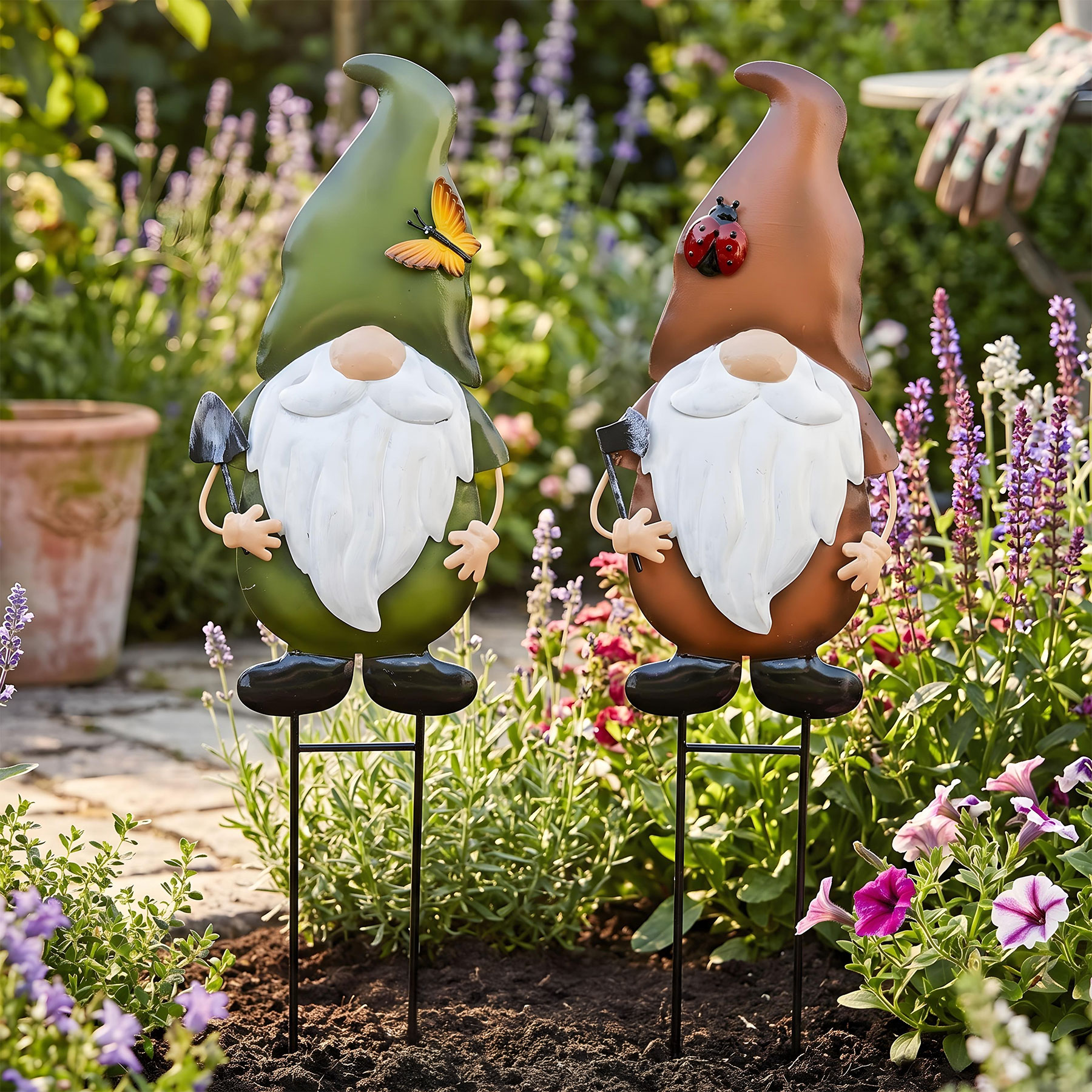 2er Set Gartenstecker Zwerg H48cm Metall Beetstecker Gnom Gartendeko Garten Figur