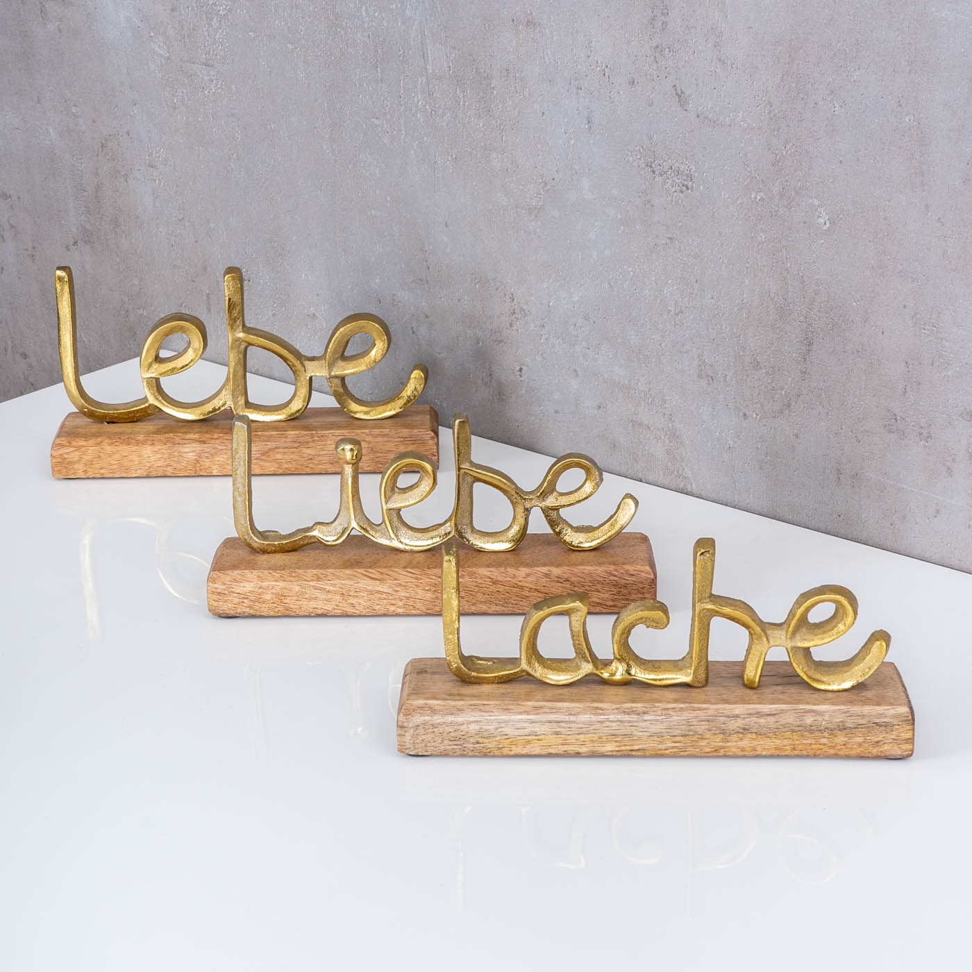 3er Set Schriftzug Lebe Lache Liebe L22cm Metall Gold Mango Holz Tisch-Deko