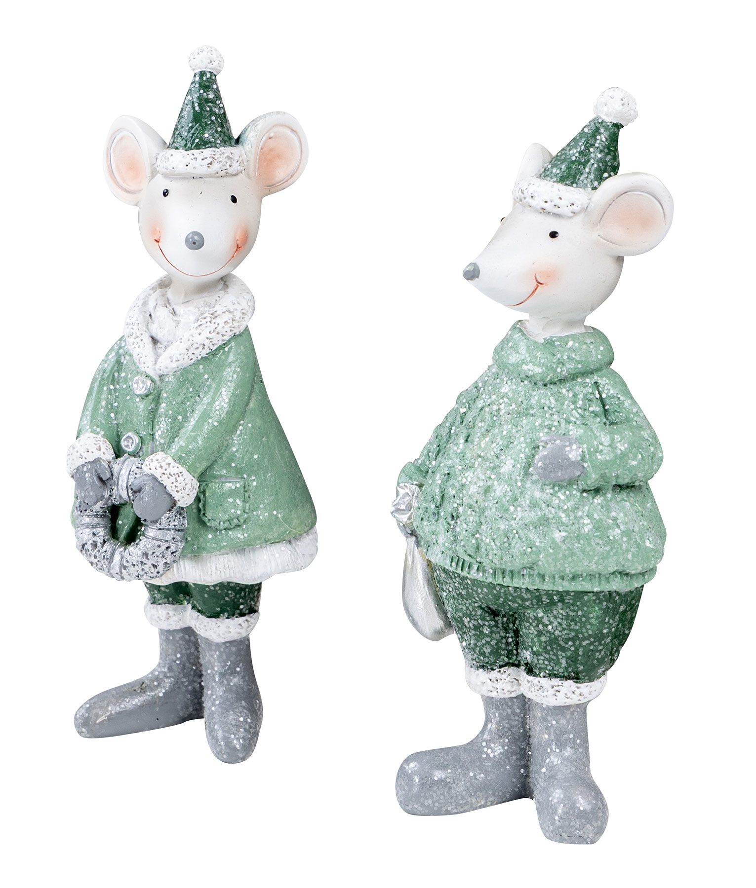 2er Set Maus Figuren Weihnachten Kunstharz Grün Weiß Weihnachtsdeko Tisch-Deko